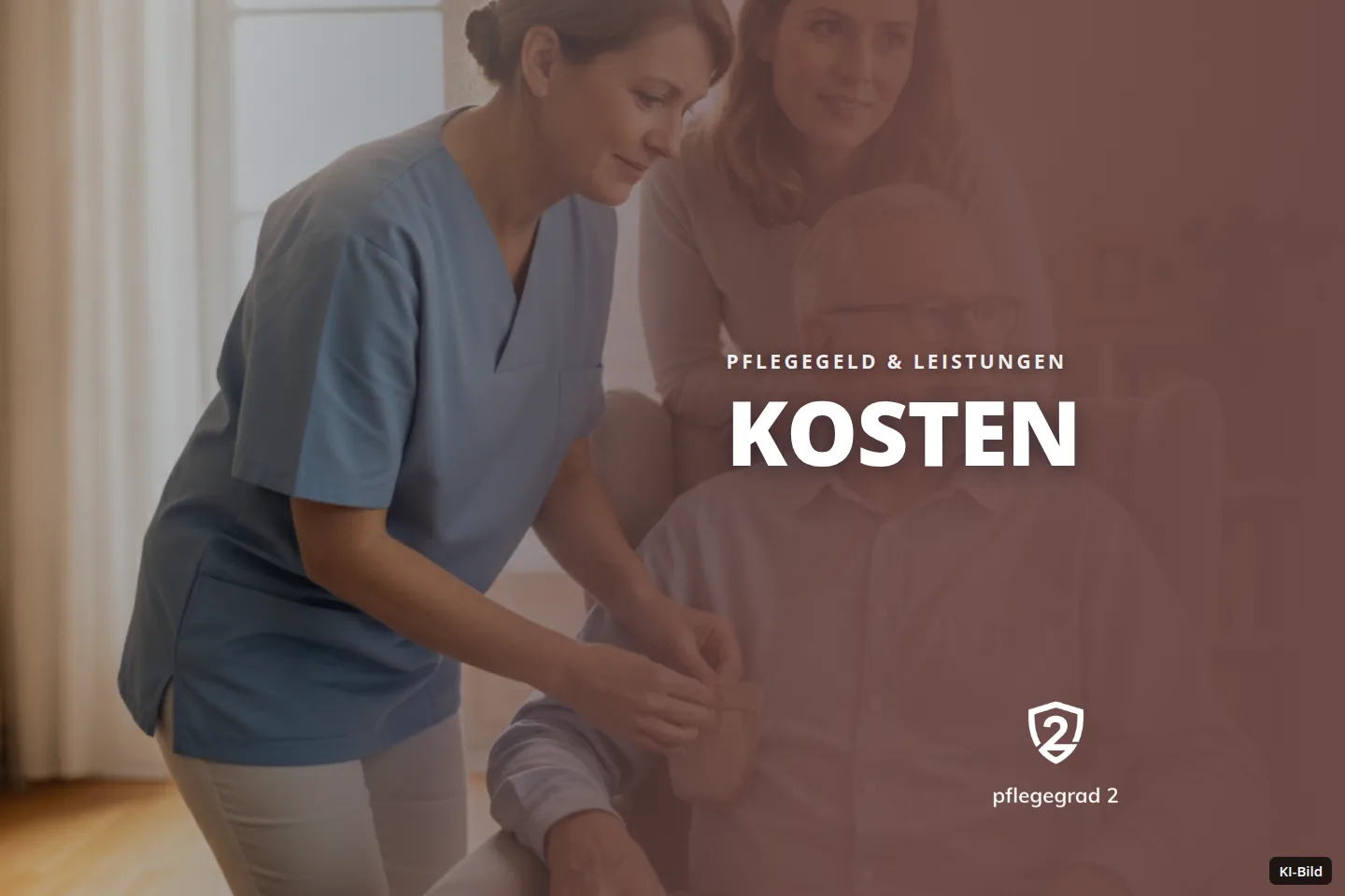 Krankenschwester versorgt älteren Mann zu Hause, eine Frau beobachtet die Szene.