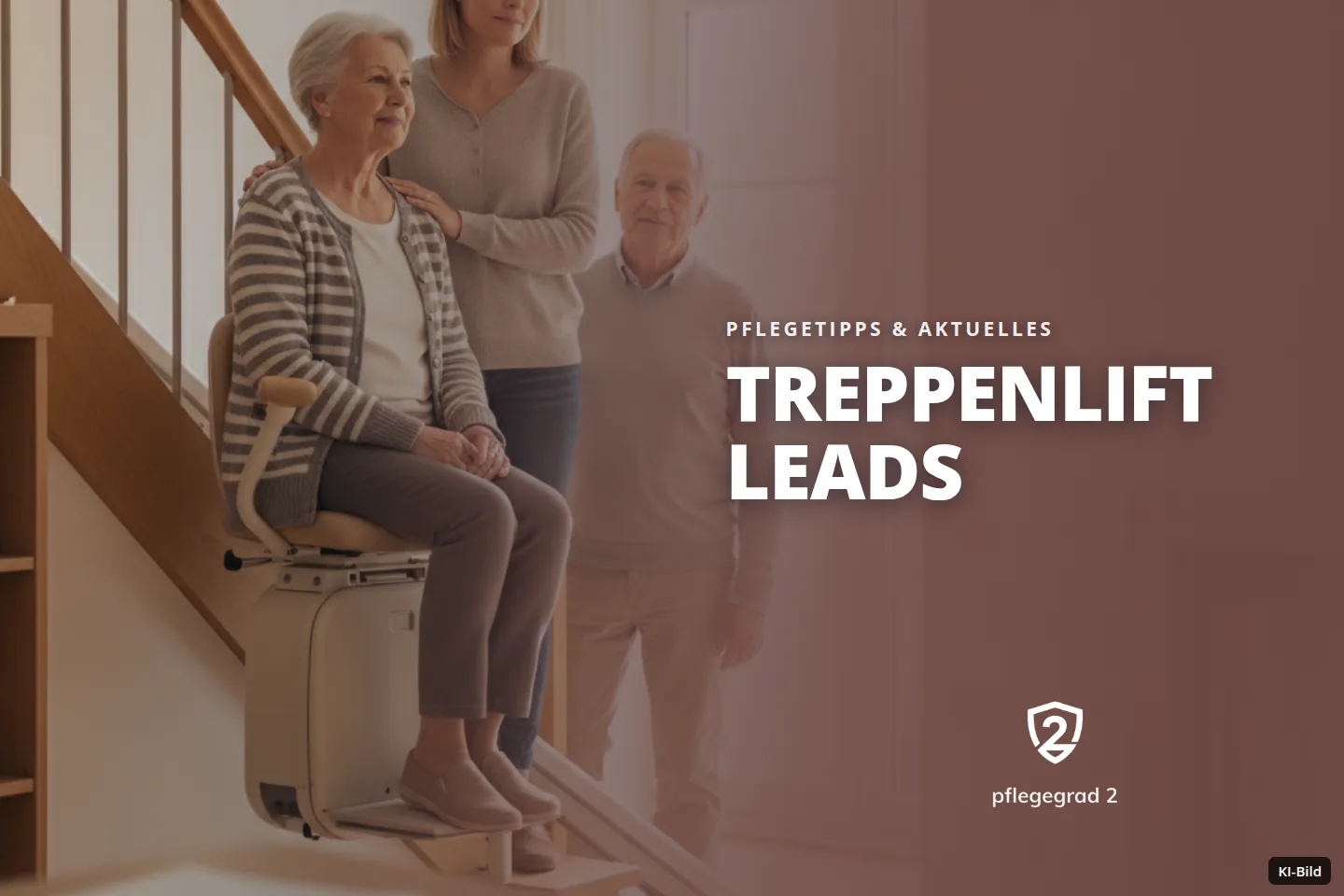 Eine ältere Frau sitzt auf einem Treppenlift an einer Treppe, daneben stehen ein Mann und eine junge Frau.