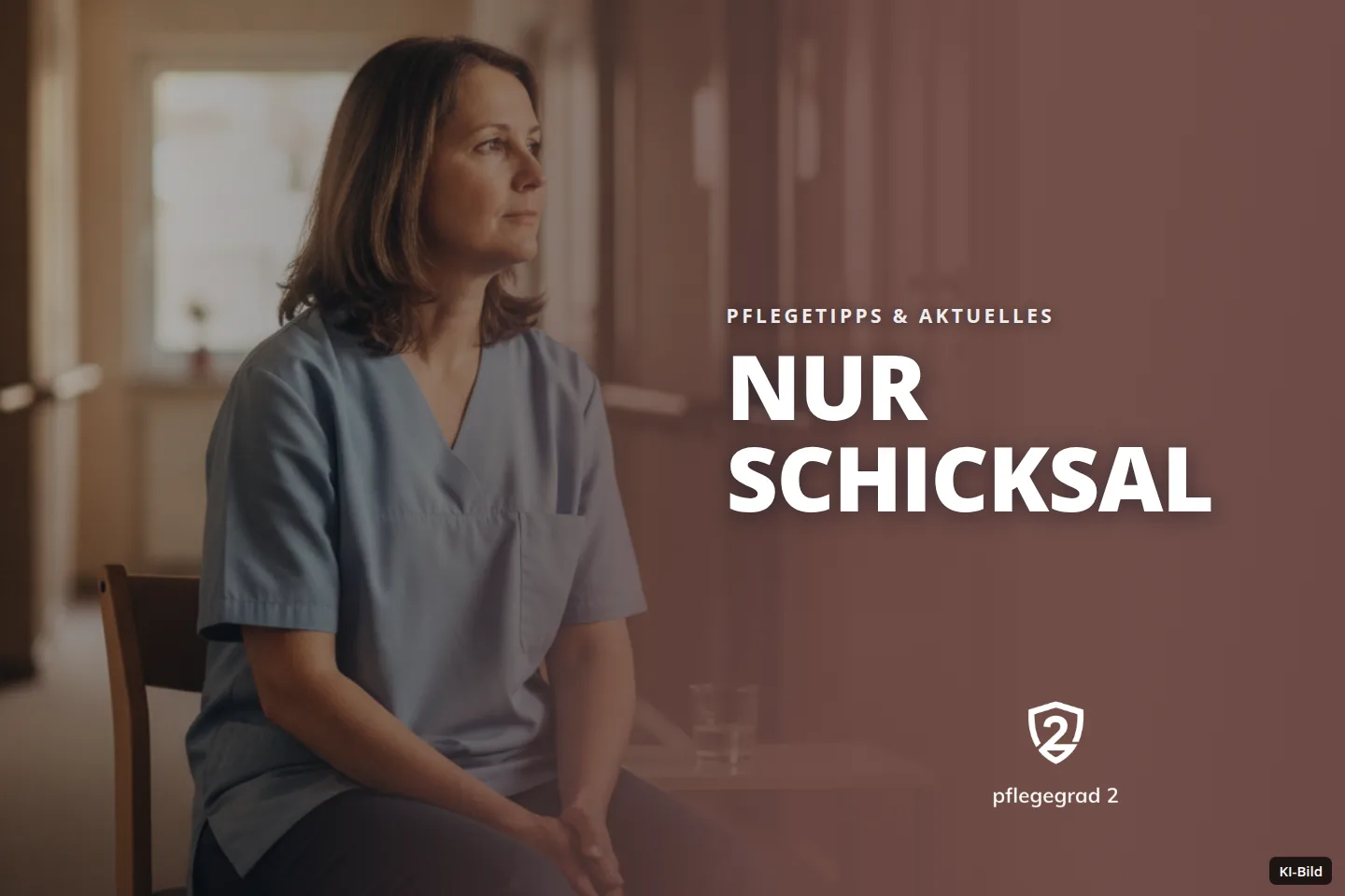 Eine Pflegekraft sitzt nachdenklich in einem Krankenhausflur.
