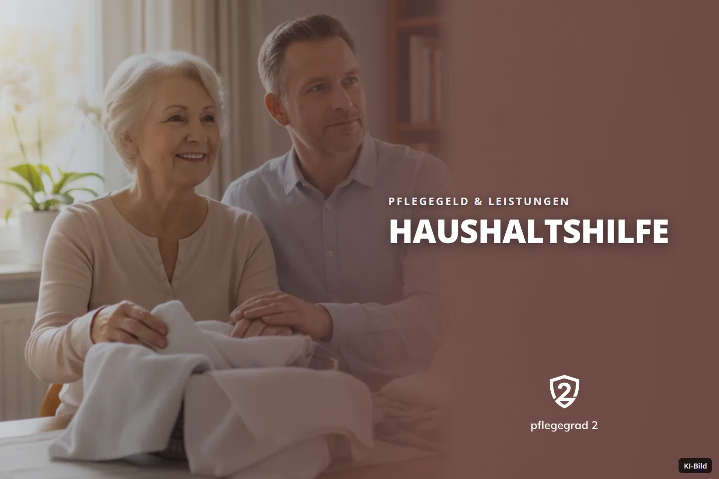 Eine ältere Frau und ein Mann falten Handtücher am Tisch, halten Hände und blicken gemeinsam.