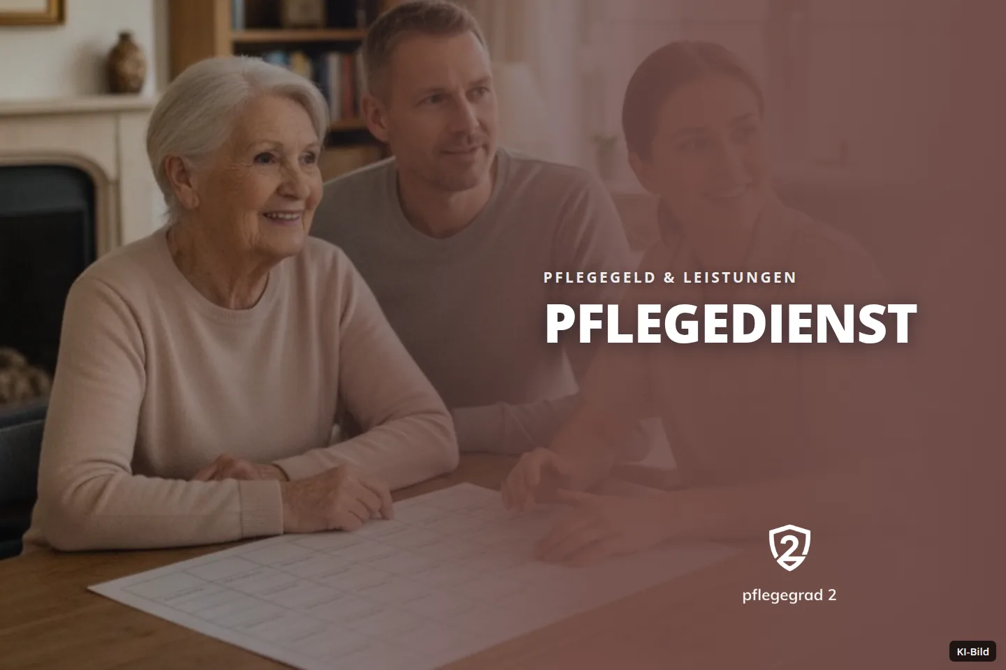 Eine ältere Frau, ein Mann und eine Pflegerin sitzen lächelnd an einem Tisch und betrachten einen Plan.