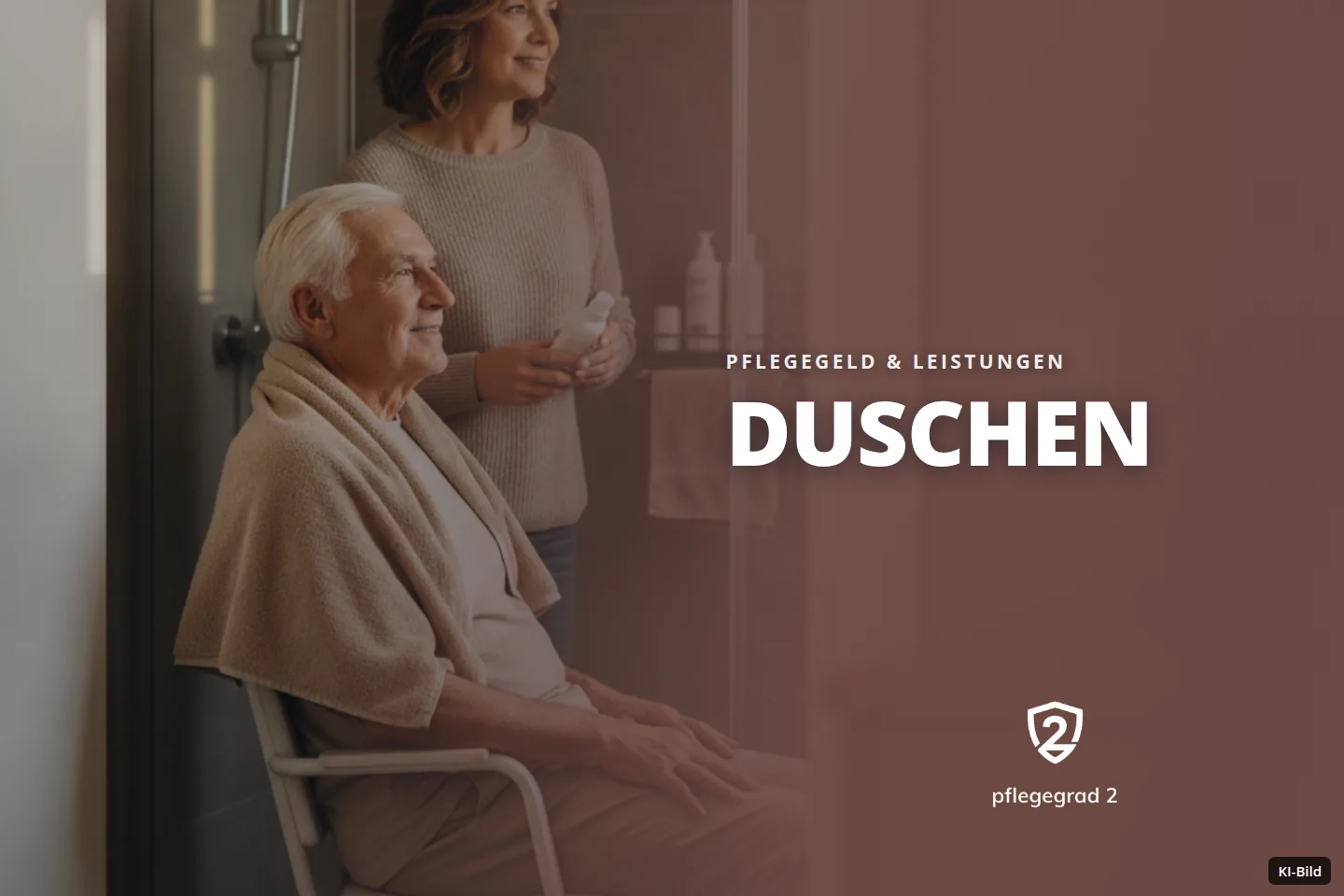Eine Frau hält eine Flasche, während ein älterer Mann mit einem Handtuch um die Schultern in einem Bad sitzt.