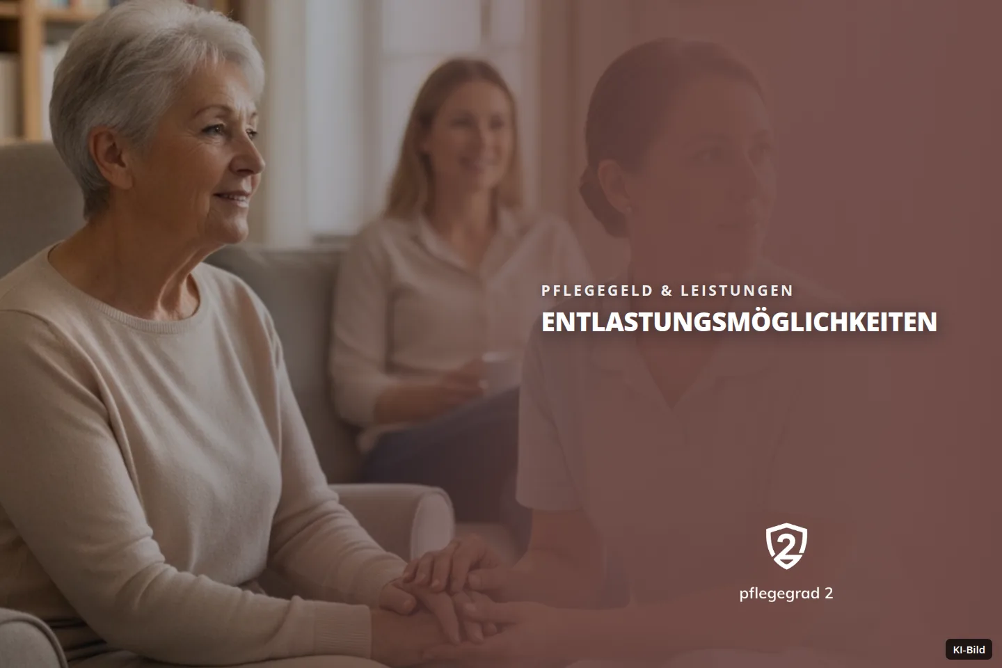 Eine Pflegerin hält die Hand einer Seniorin im Wohnzimmer, während eine weitere Frau zusieht.