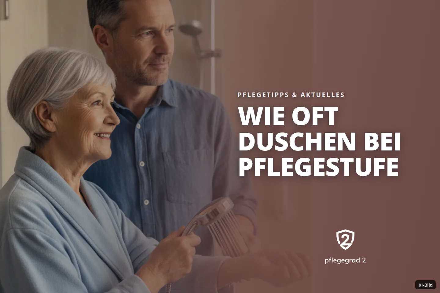 Eine ältere Frau testet Duschwasser am Handgelenk, ein Mann steht daneben im Bad.
