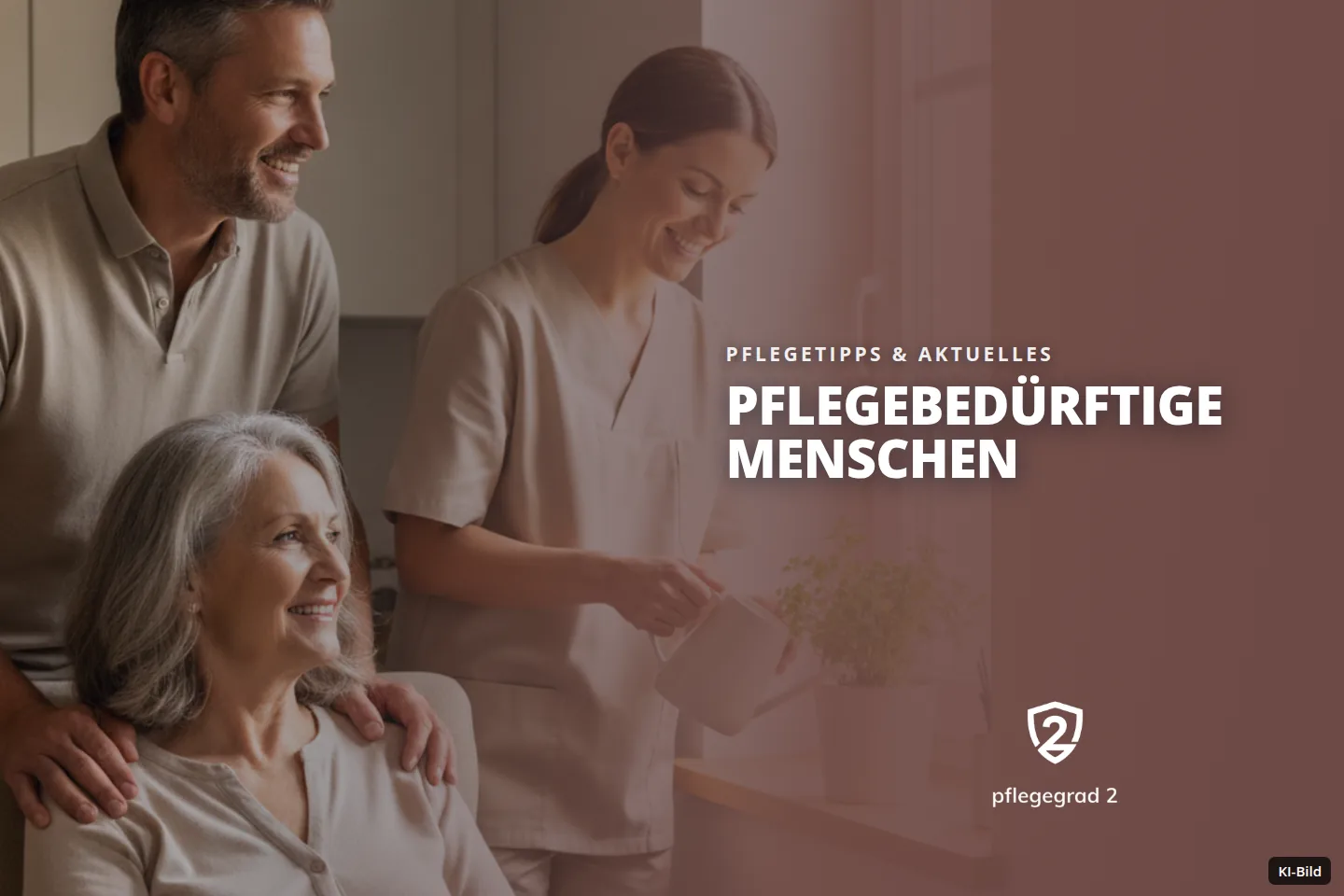 Eine Pflegerin gießt eine Pflanze am Fenster, während ein Mann und eine ältere Frau lächelnd zusehen.