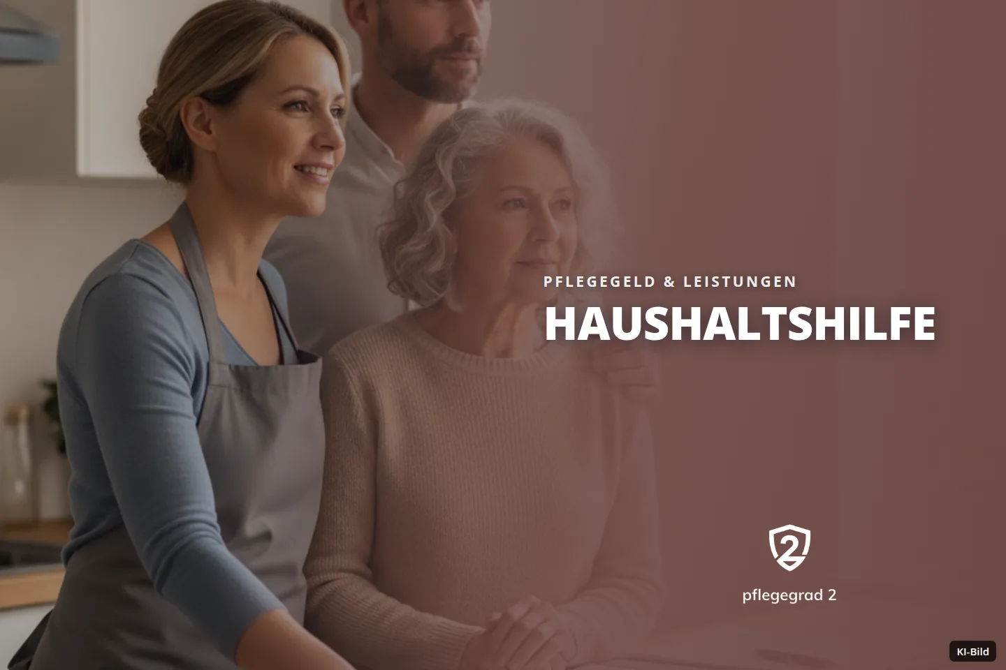 Drei Personen in einer Küche: Eine Frau wischt einen Tisch, während die anderen wegschauen.