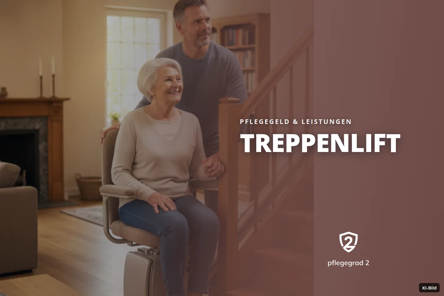 Eine lächelnde ältere Frau sitzt auf einem Treppenlift, ein Mann steht daneben und hält ihre Hand.