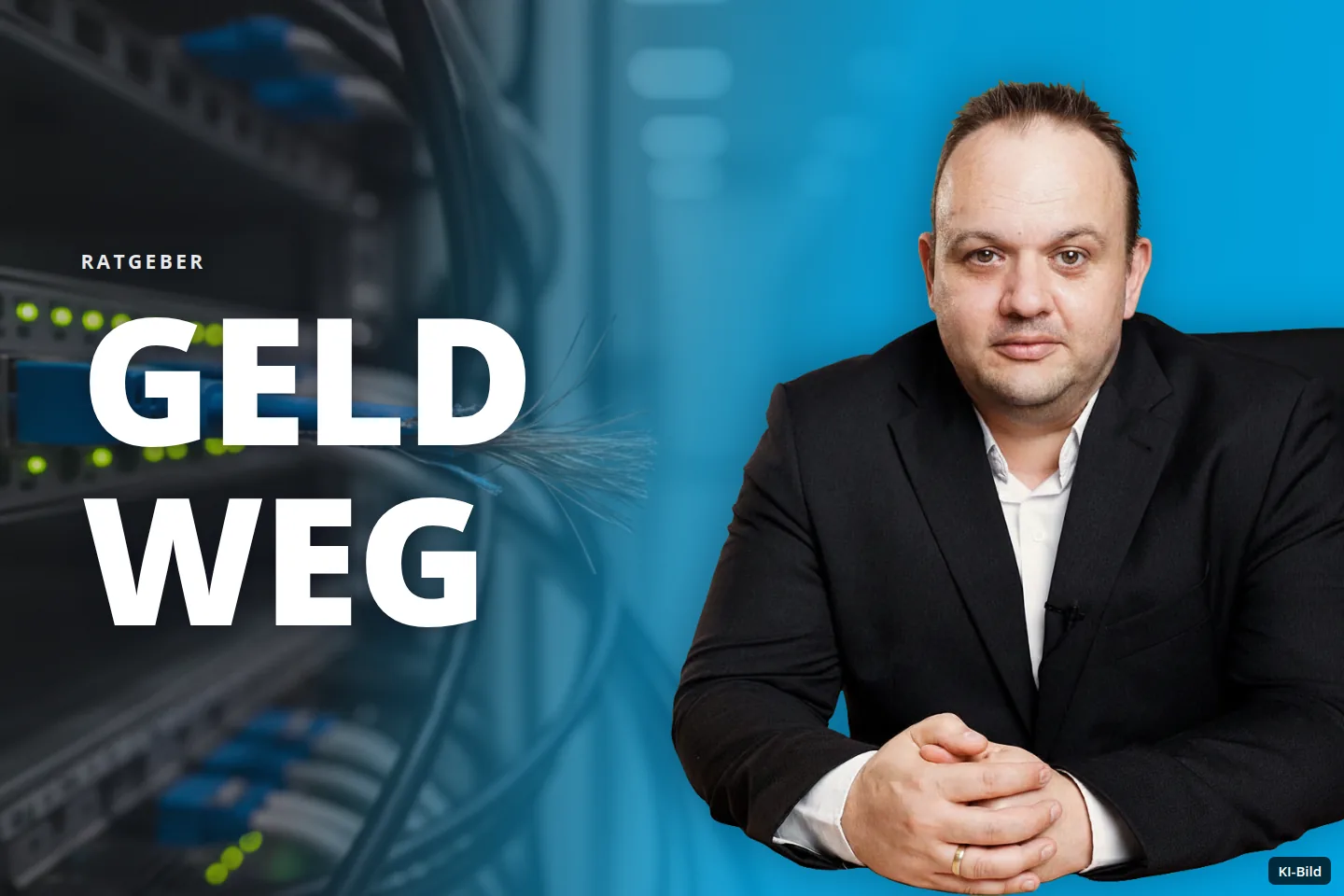 Beschädigtes Netzwerkkabel in einem Serverraum mit leuchtenden Status-LEDs an einem Switch.