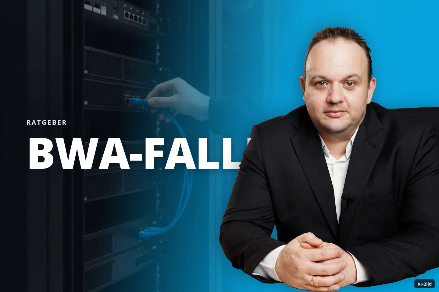 Eine Hand steckt in einem Rechenzentrum ein blaues Kabel in ein Server-Rack.