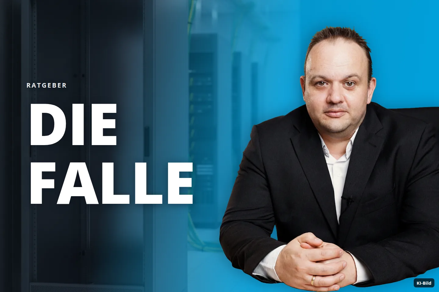 Ein leerer Serverschrank steht im Vordergrund eines Rechenzentrums mit weiteren Racks und Kabeln.