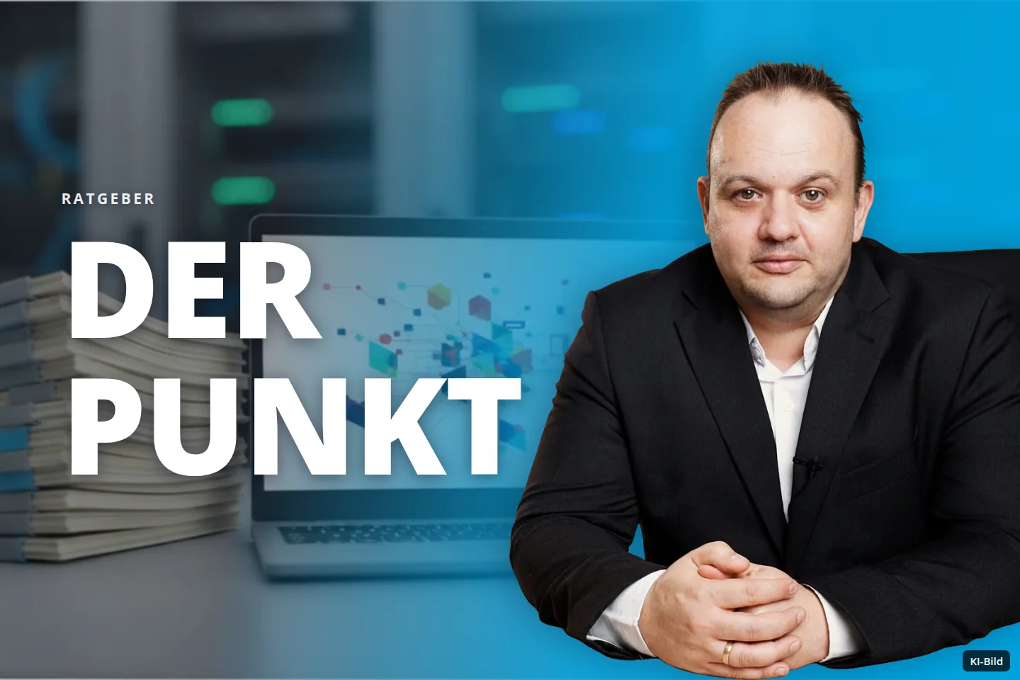 Laptop mit Datenvisualisierung und Papierstapel in einem Serverraum.