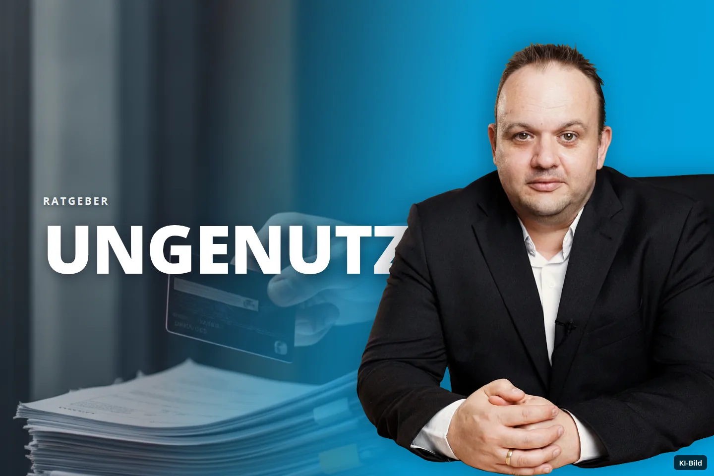 Eine Hand in einem Anzug hält eine Kreditkarte über einem Stapel Dokumente auf einem Schreibtisch.