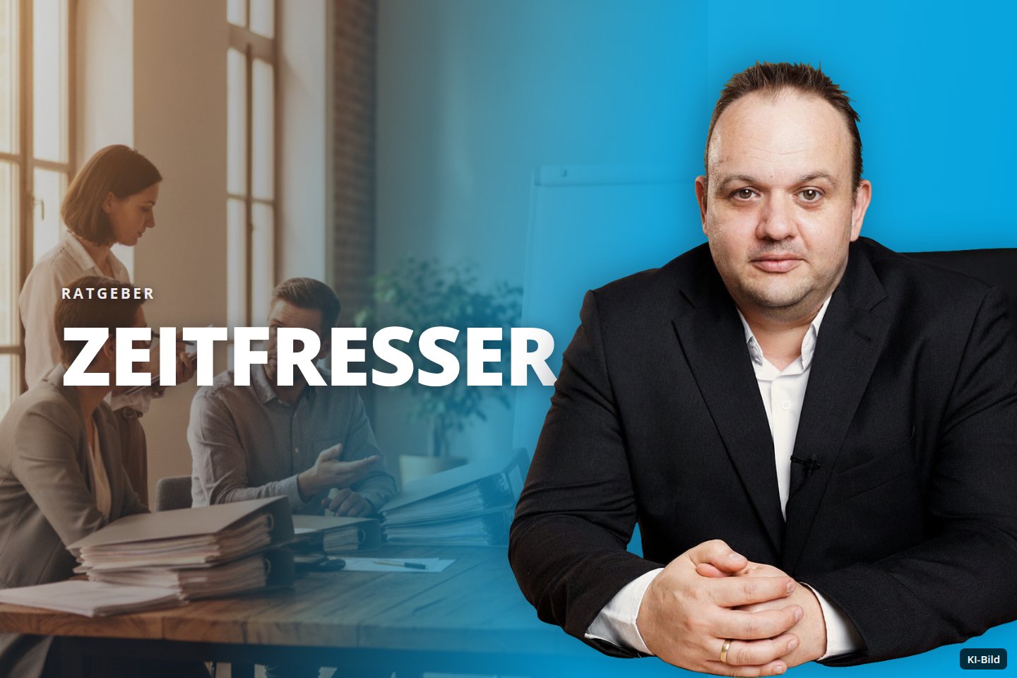 Drei Personen besprechen Unterlagen an einem Holztisch mit Aktenordnern im Büro.
