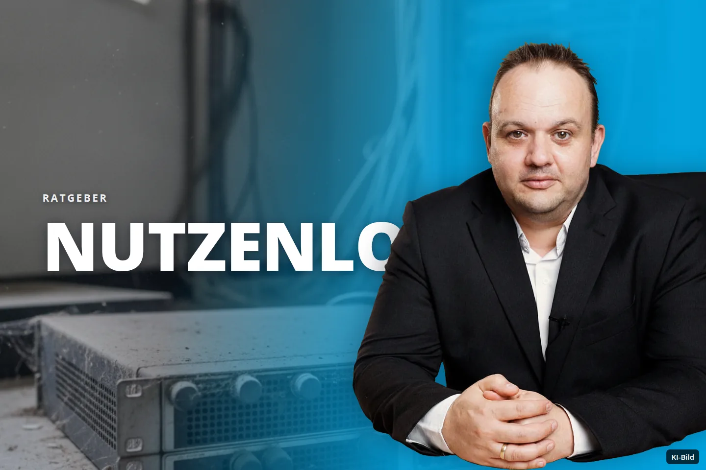 Staubige Netzwerkgeräte und Kabel in einem verlassenen Serverraum.