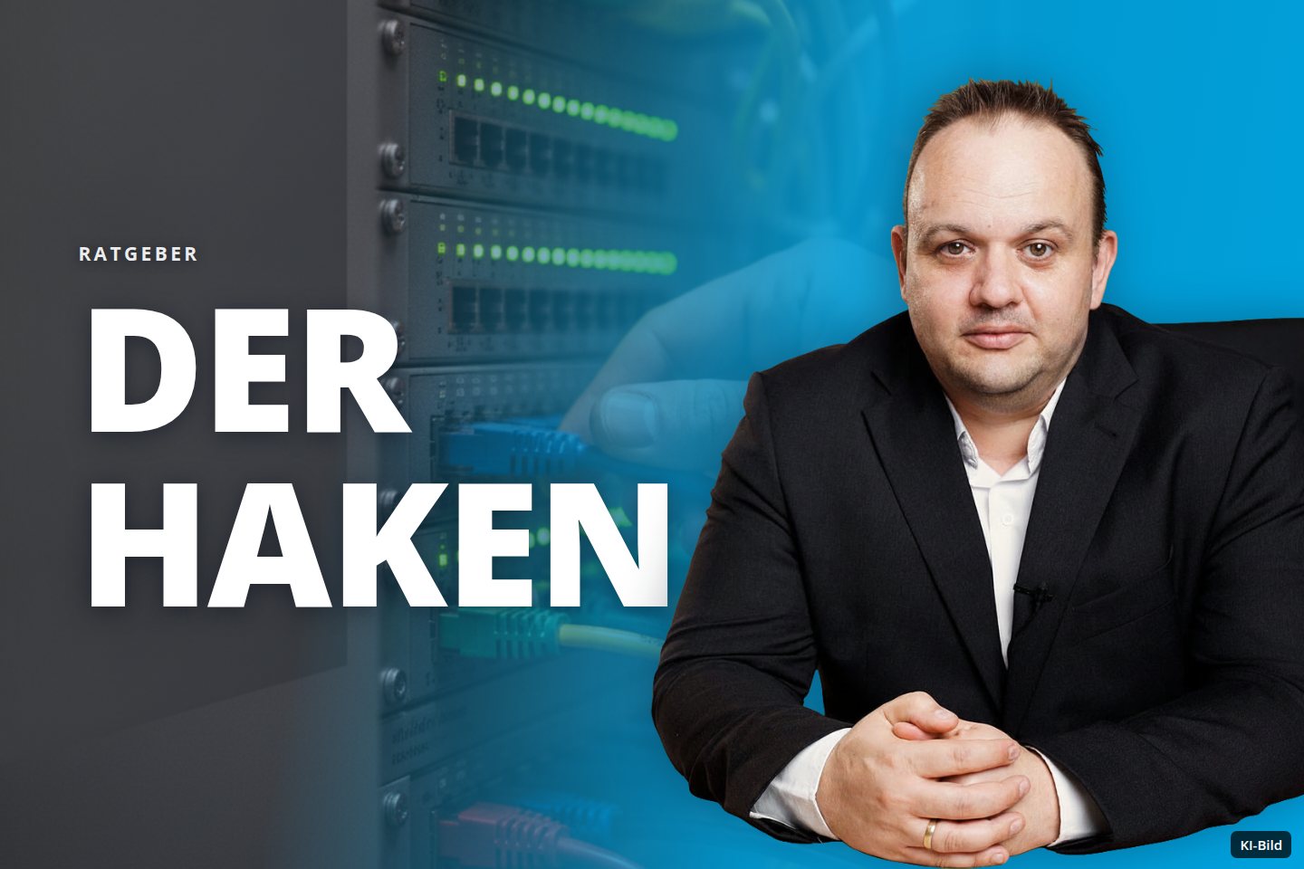 Eine Hand steckt ein blaues Netzwerkkabel in einen Switch in einem Serverrack.
