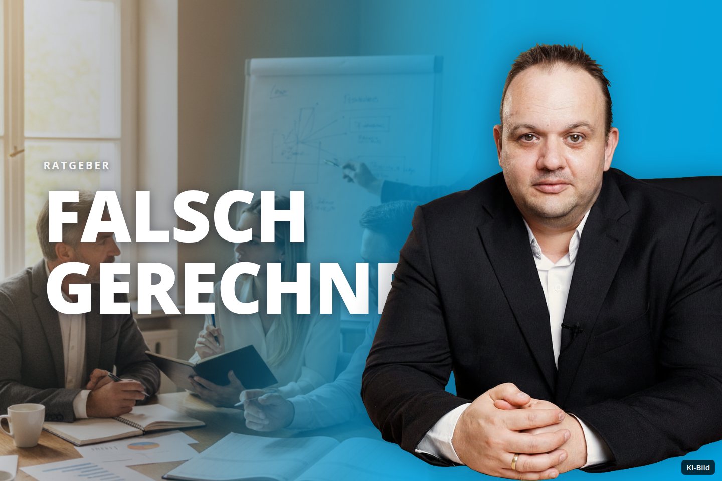 Mehrere Geschäftsleute besprechen in einem Büro Unterlagen, während einer an einer Tafel präsentiert.