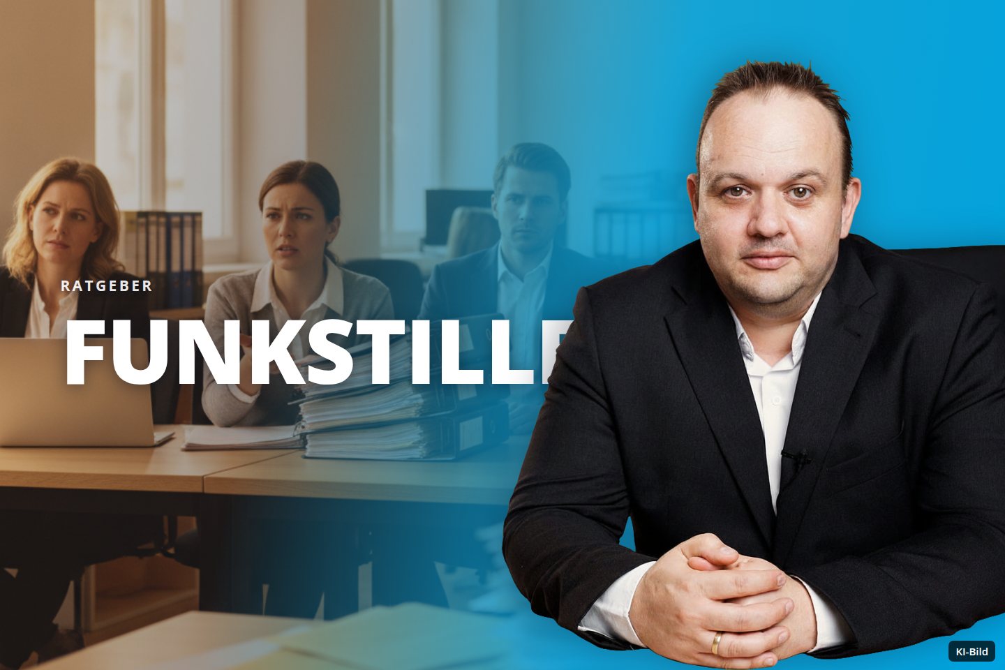 Personen arbeiten und diskutieren an Tischen in einem Büro mit Akten und Laptops.