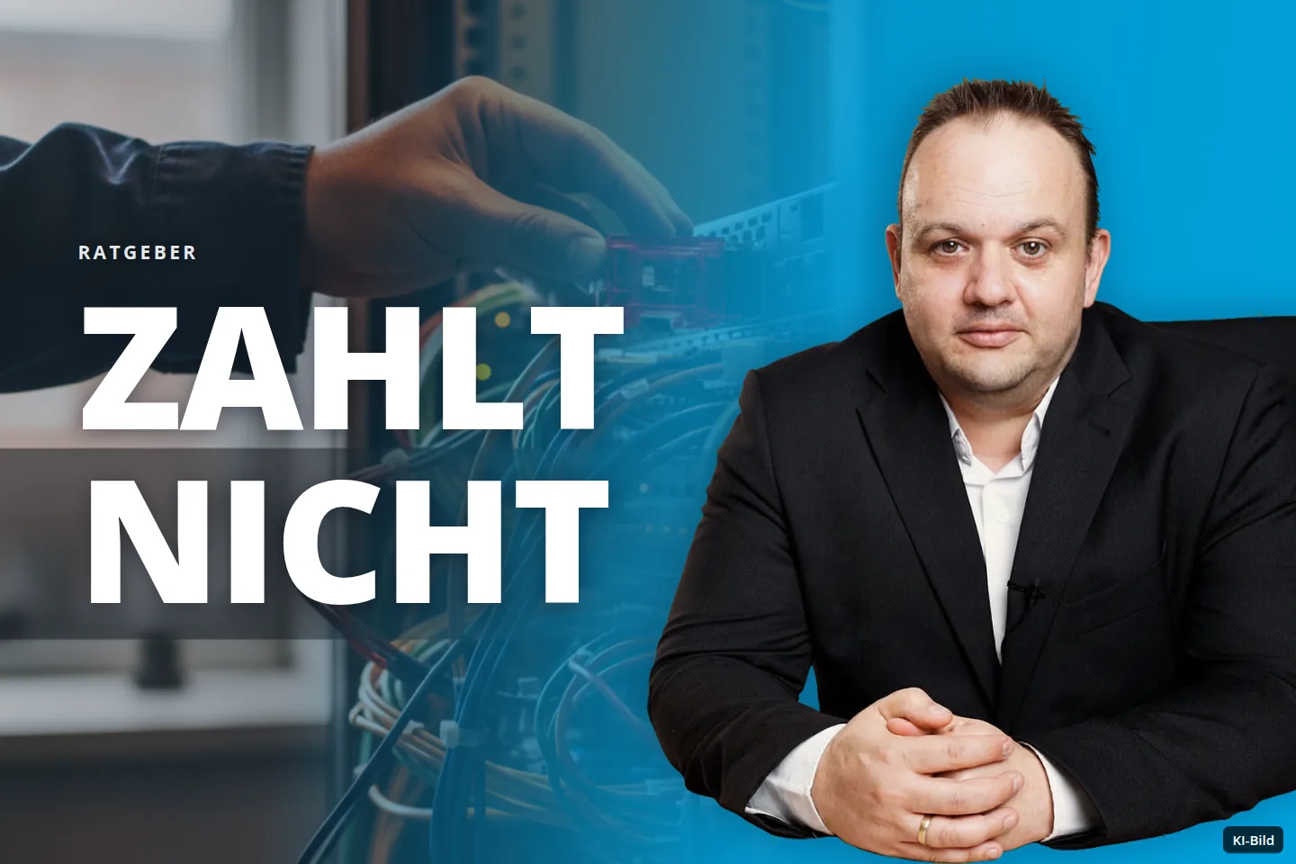 Eine Hand steckt ein rotes Modul in einen Serverschrank voller Kabel.