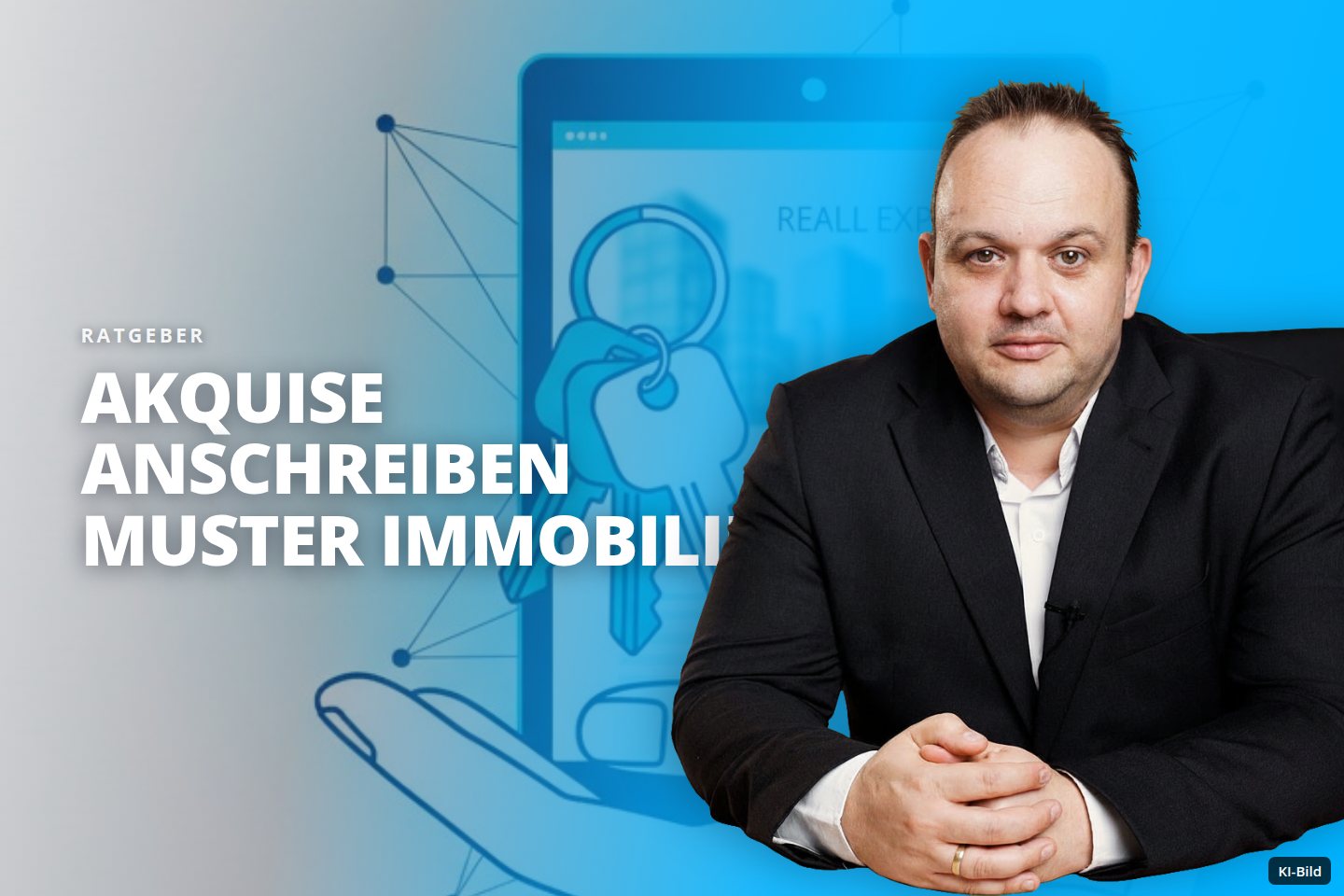 Hand hält Tablet mit Immobilien-Exposé und Schlüssel in digitaler Umgebung.