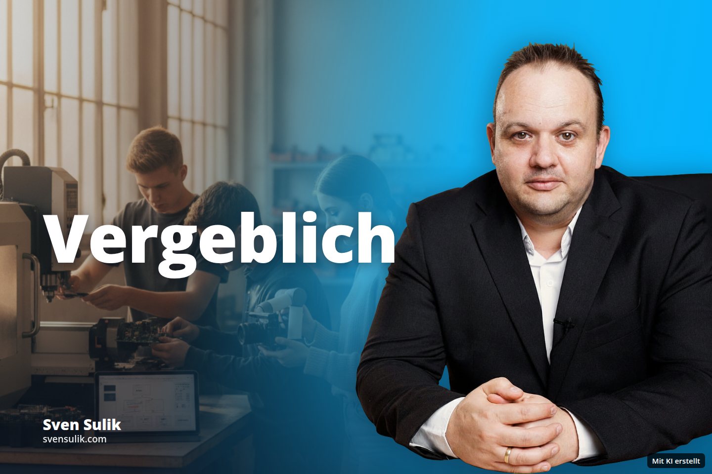 Drei junge Leute arbeiten in einer Werkstatt an elektronischen Bauteilen und Maschinen.