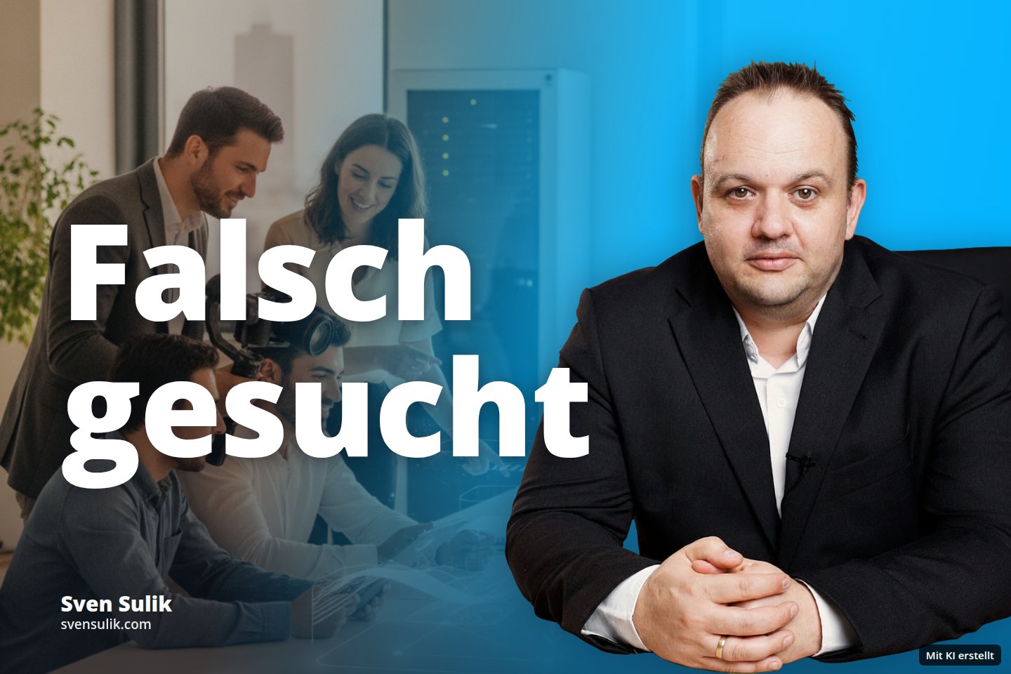 Vier Personen besprechen digitale Inhalte auf Geräten, während einer filmt, in einem Büro.