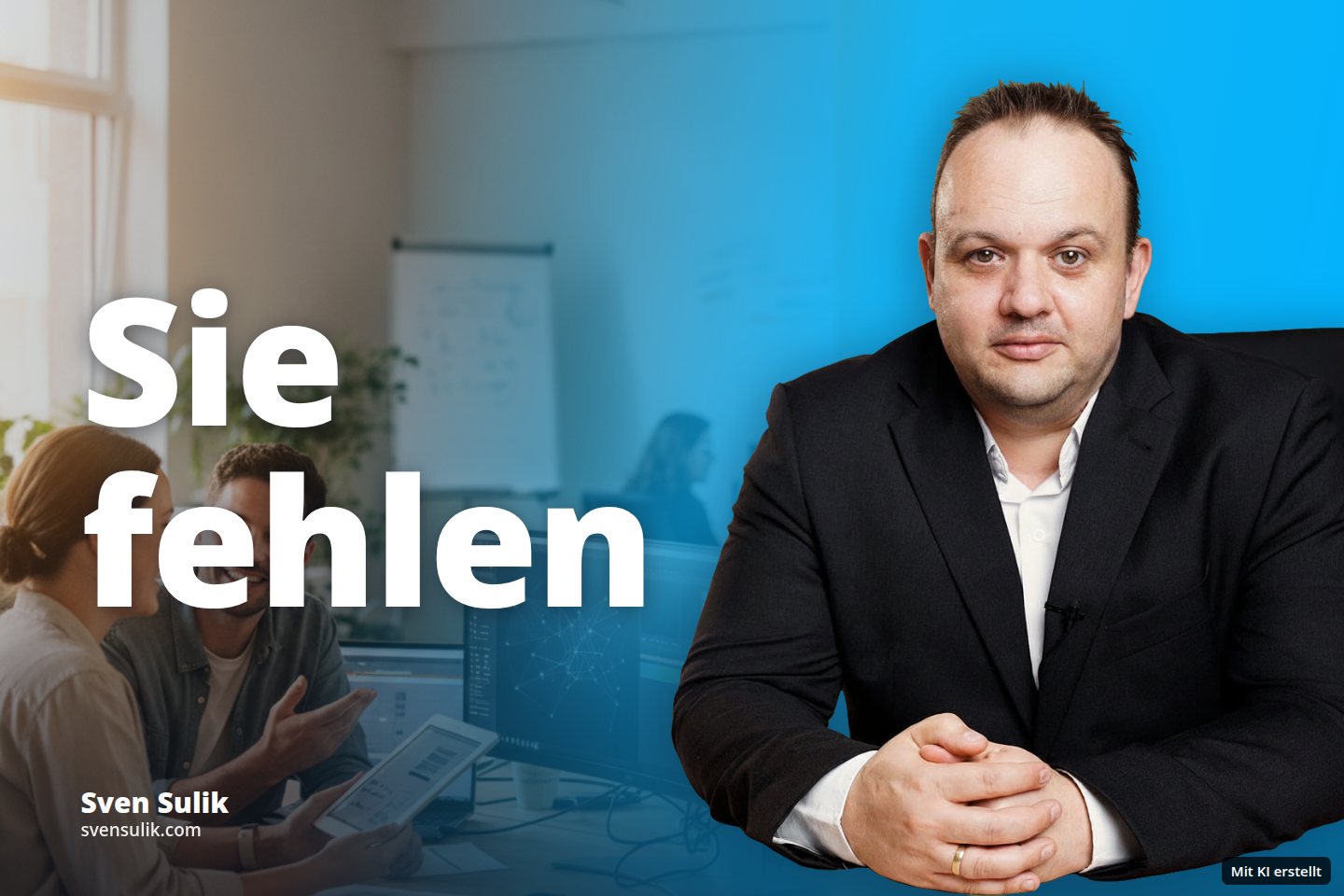 Zwei Personen arbeiten lächelnd an Computern und einem Tablet in einem Büro.