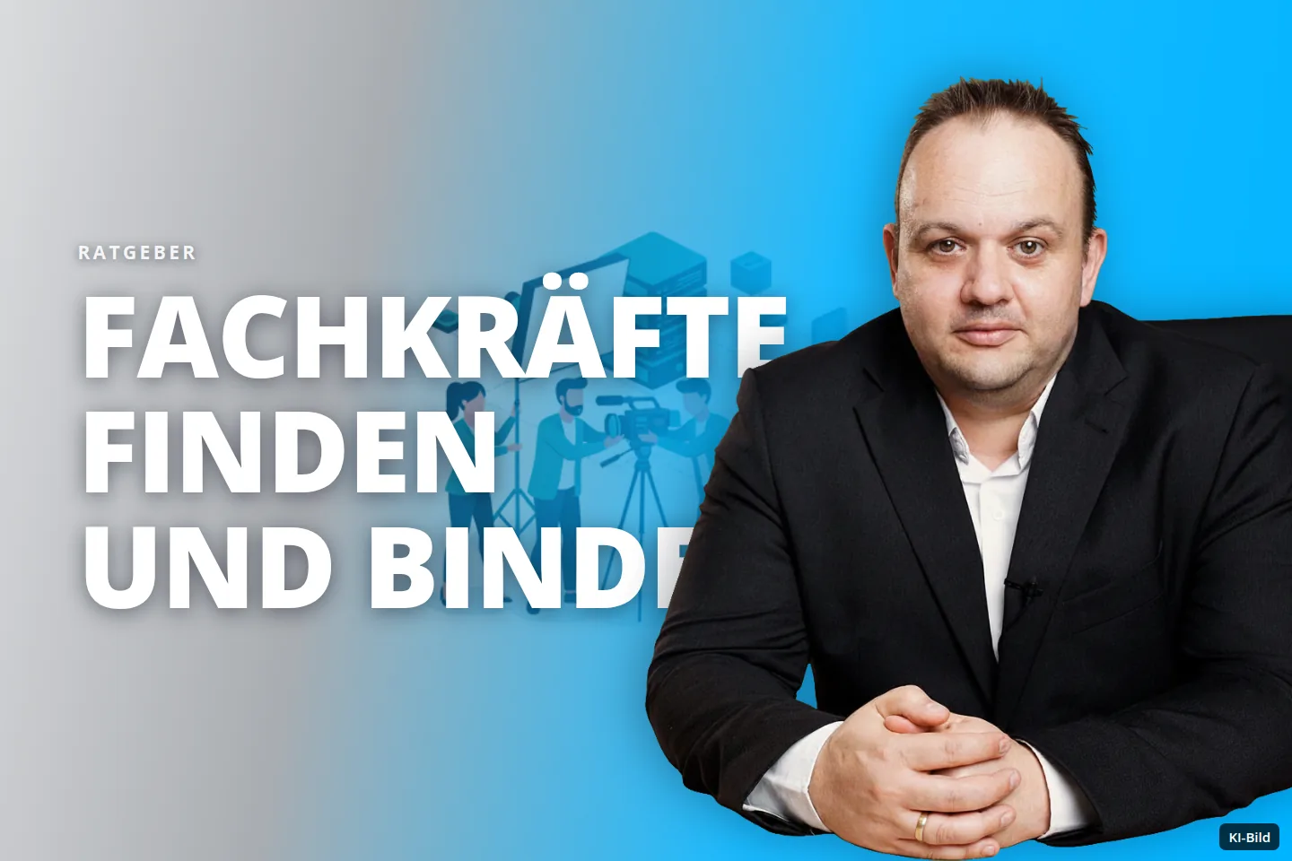 Ein Team filmt mit Kamera und Beleuchtung, umgeben von Servern und Daten-Icons.