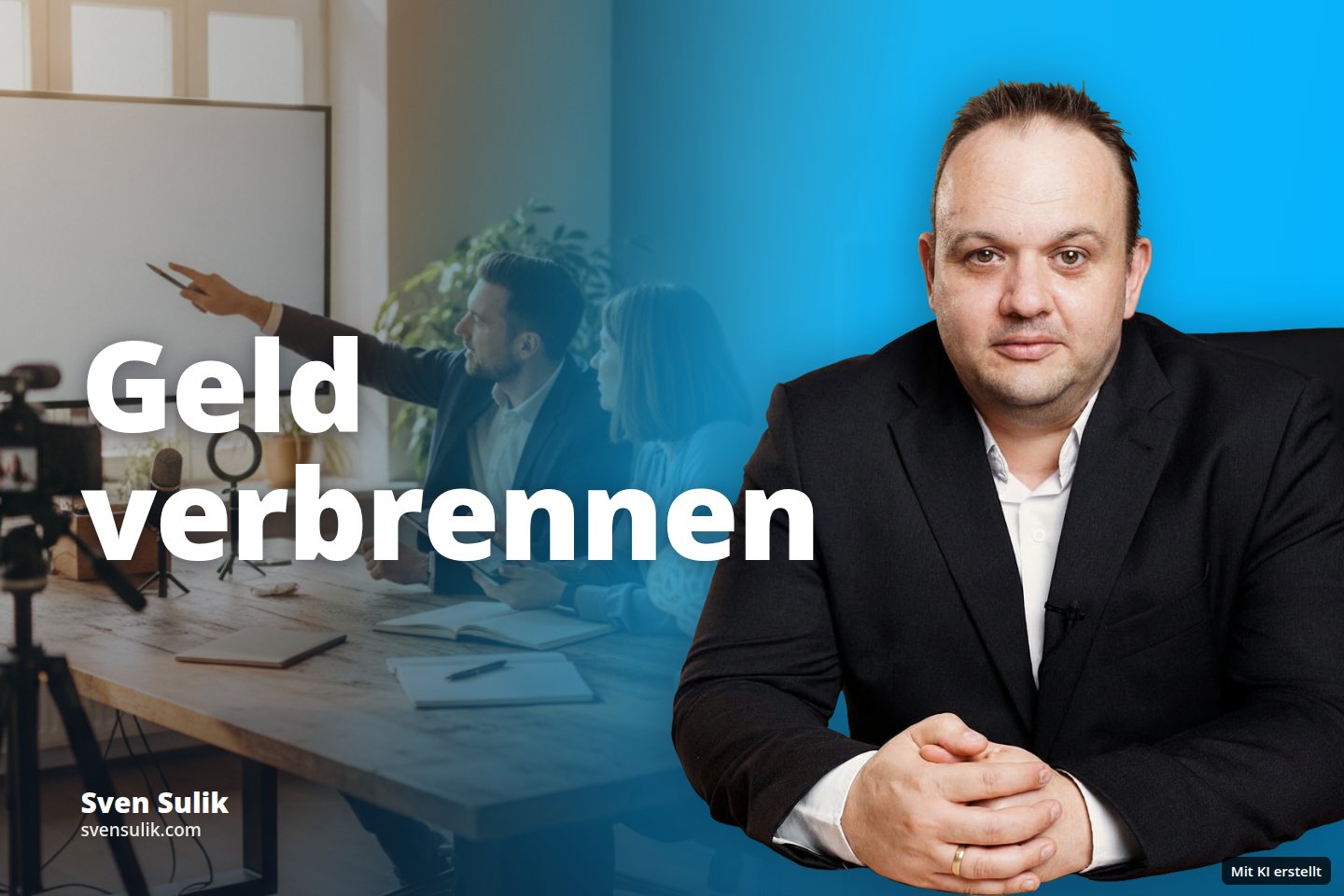 Zwei Personen präsentieren in einem Studio an einem Holztisch, der Mann zeigt auf einen Bildschirm, die Frau am Tablet.