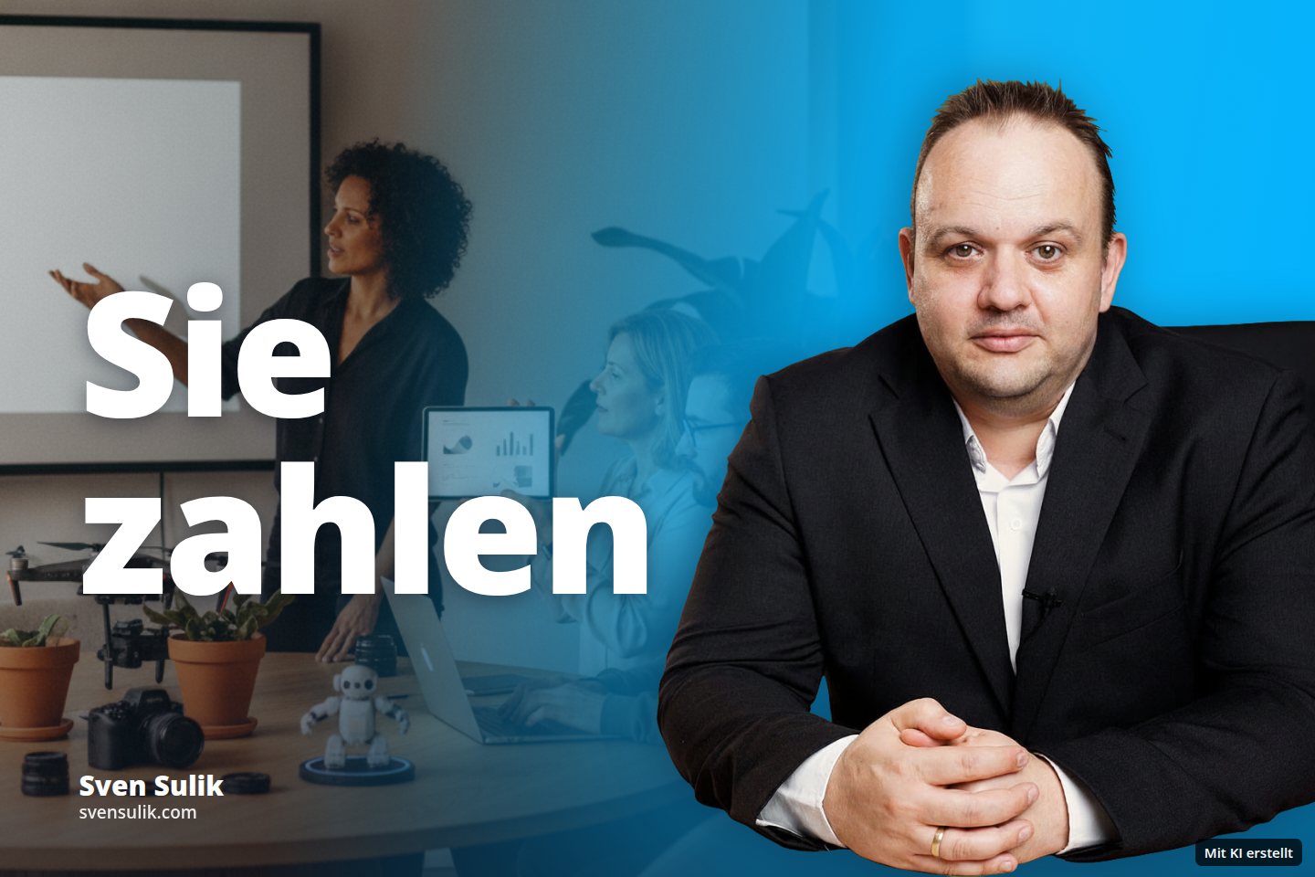 Drei Personen besprechen Daten und arbeiten in einem modernen Büro mit Technik.