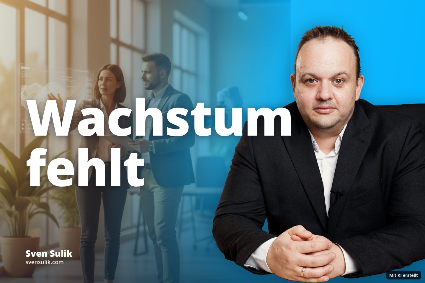 Zwei Personen interagieren in einem modernen Büro mit Hologramm und Tablet, ein Roboterarm ist im Raum.