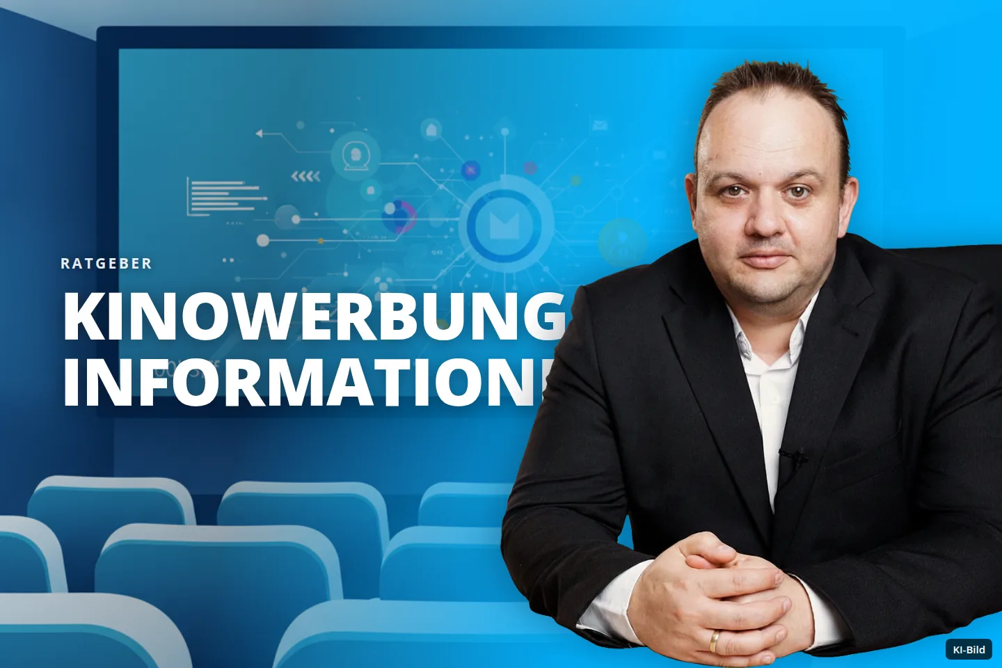 Leere blaue Sitze in einem Präsentationsraum mit einer Leinwand, die eine Datenvisualisierung zeigt.