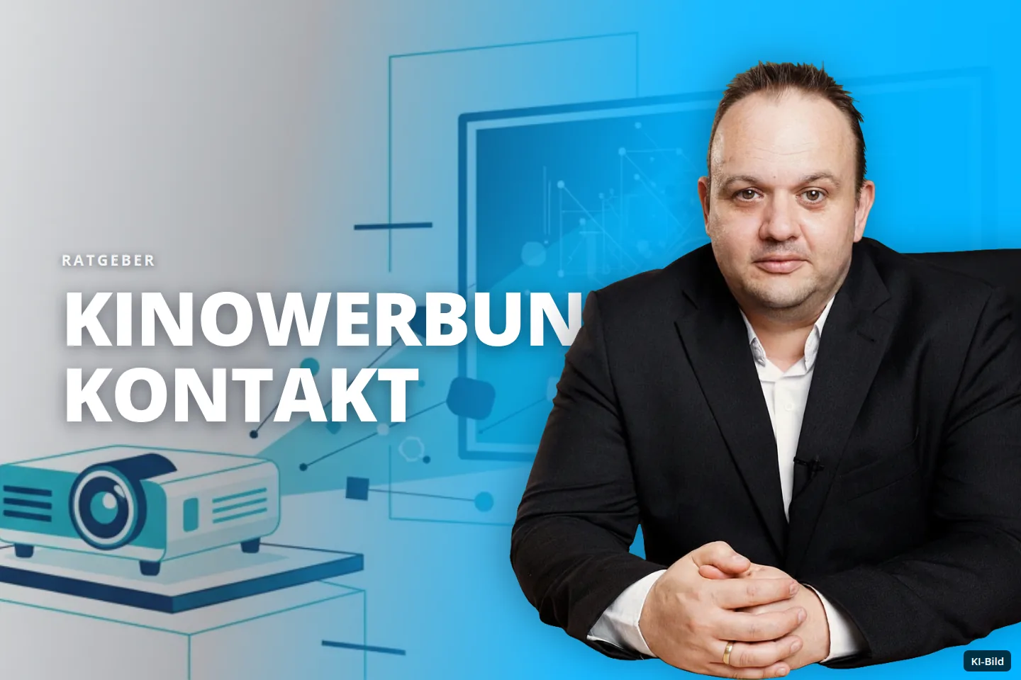Ein Beamer projiziert ein digitales Netzwerkbild mit Play-Symbol auf einen Bildschirm.