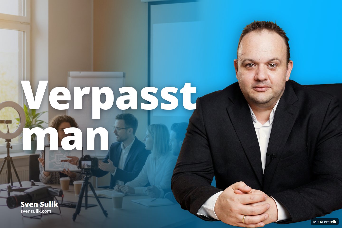 Vier Personen präsentieren ein Drohnenprojekt in einem Besprechungsraum, das gefilmt wird.