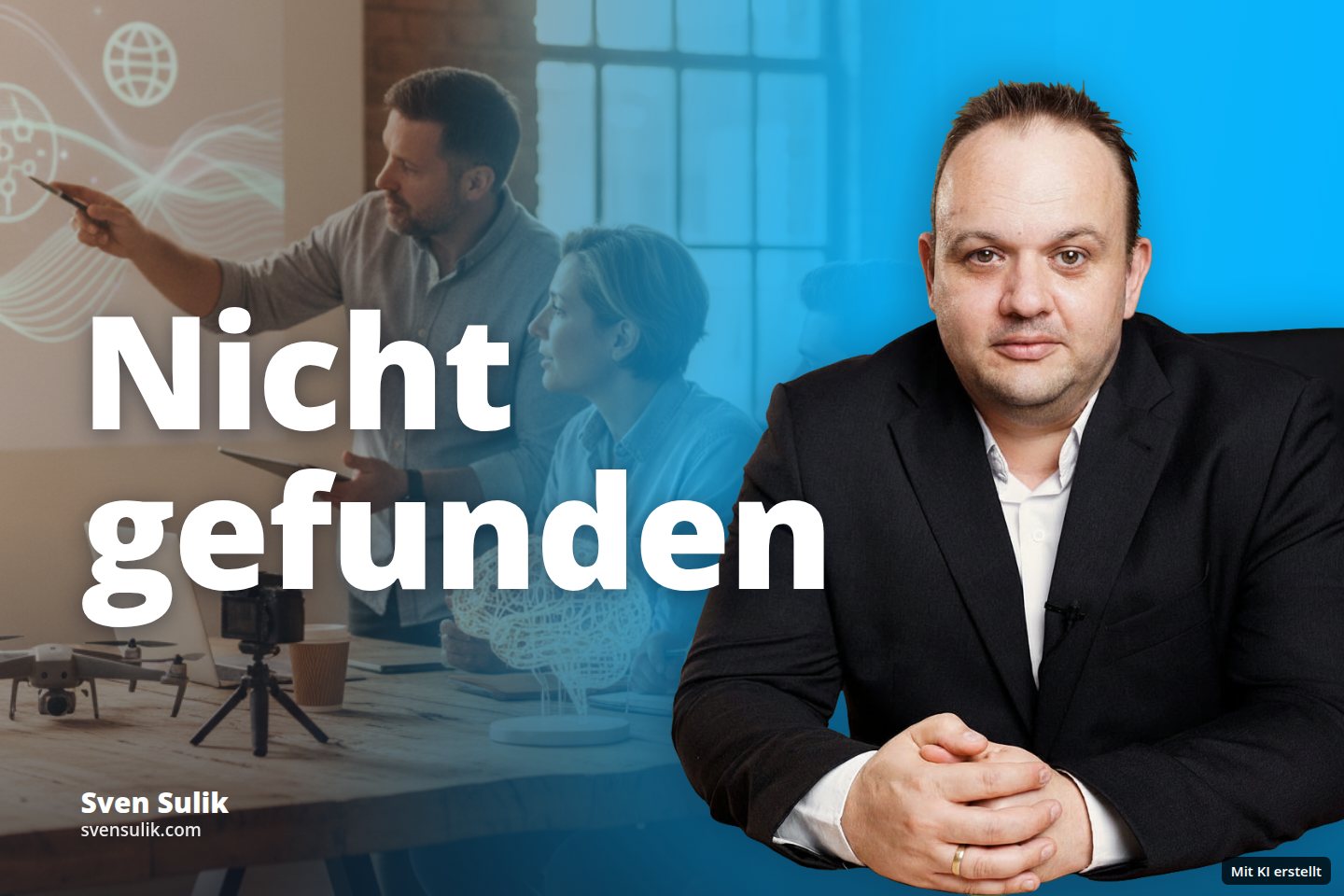 Drei Personen in einem modernen Büro besprechen eine Präsentation mit einer leuchtenden Gehirn-Skulptur.