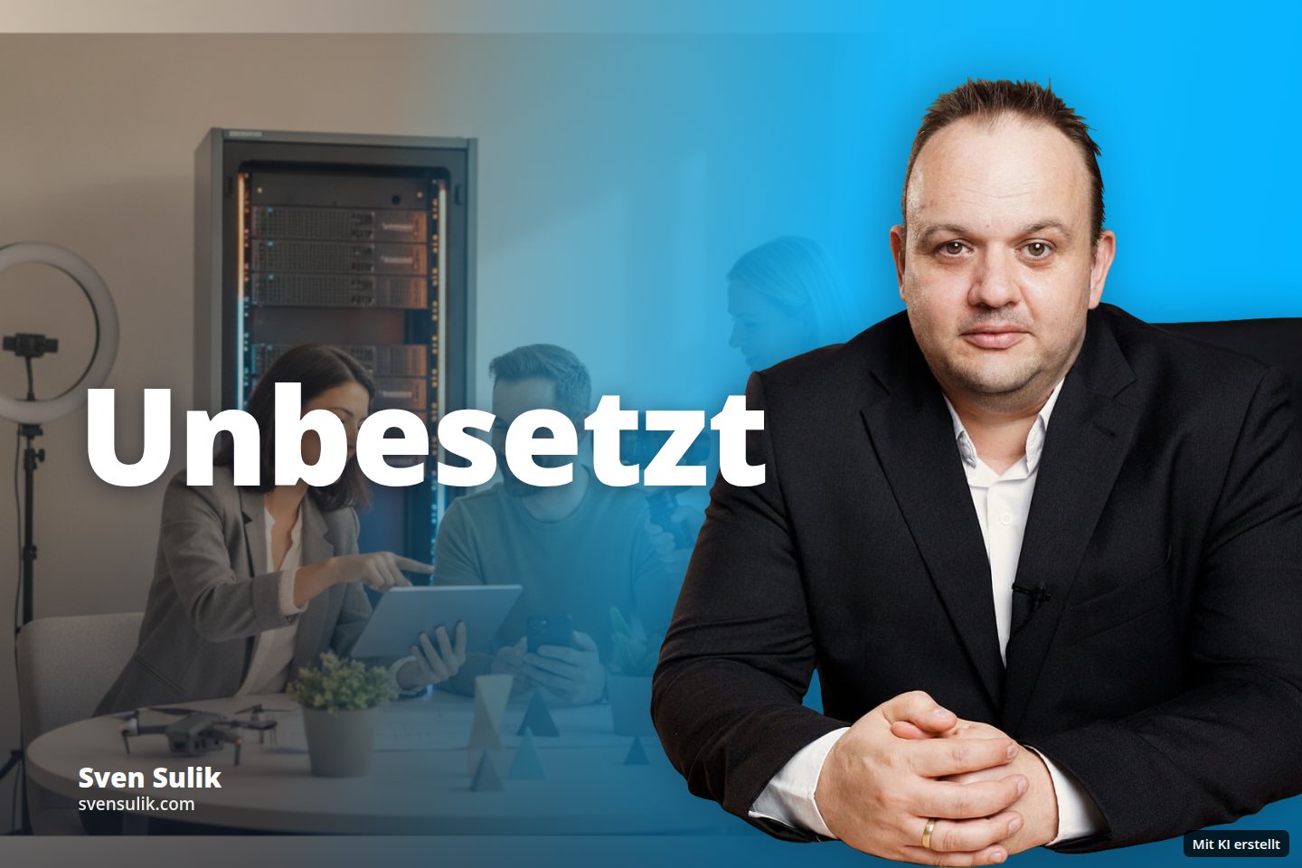 Drei Personen in einem Büro besprechen Inhalte auf Tablet und Handy; eine filmt.