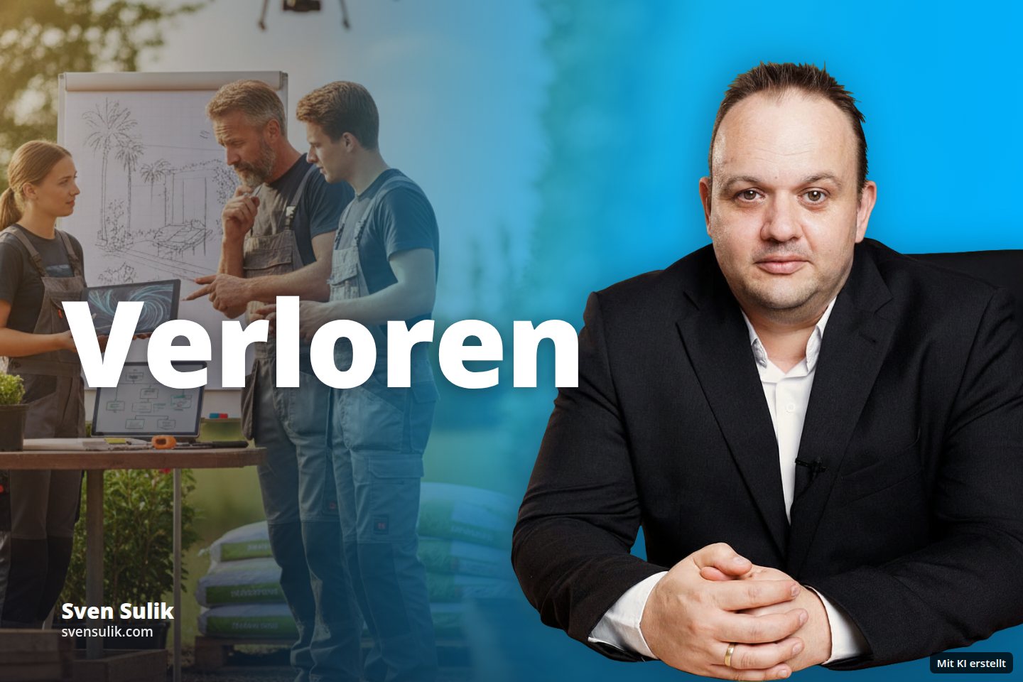Drei Gärtner besprechen draußen Pläne mit Tablets und Tafel, während eine Drohne fliegt.