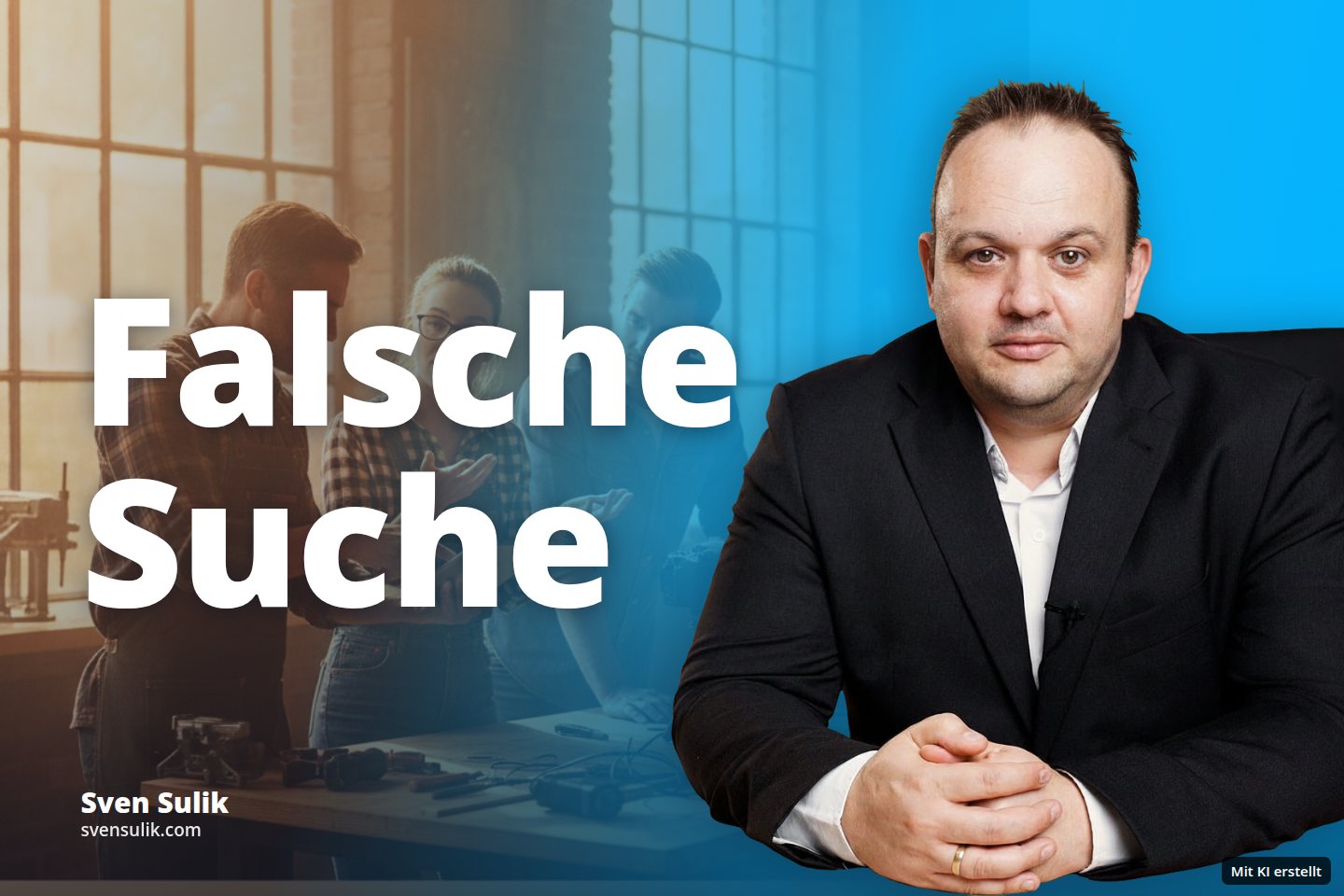 Drei Personen diskutieren in einem hellen Werkstattraum über ein Tablet.