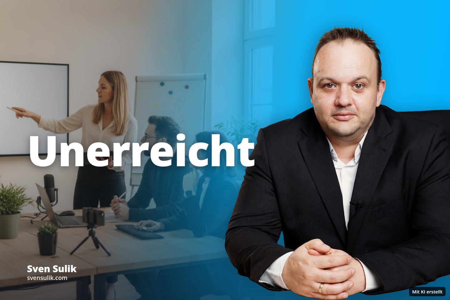 Drei Personen in einem Büro: Eine Frau präsentiert an einem Bildschirm, zwei sitzen am Tisch.