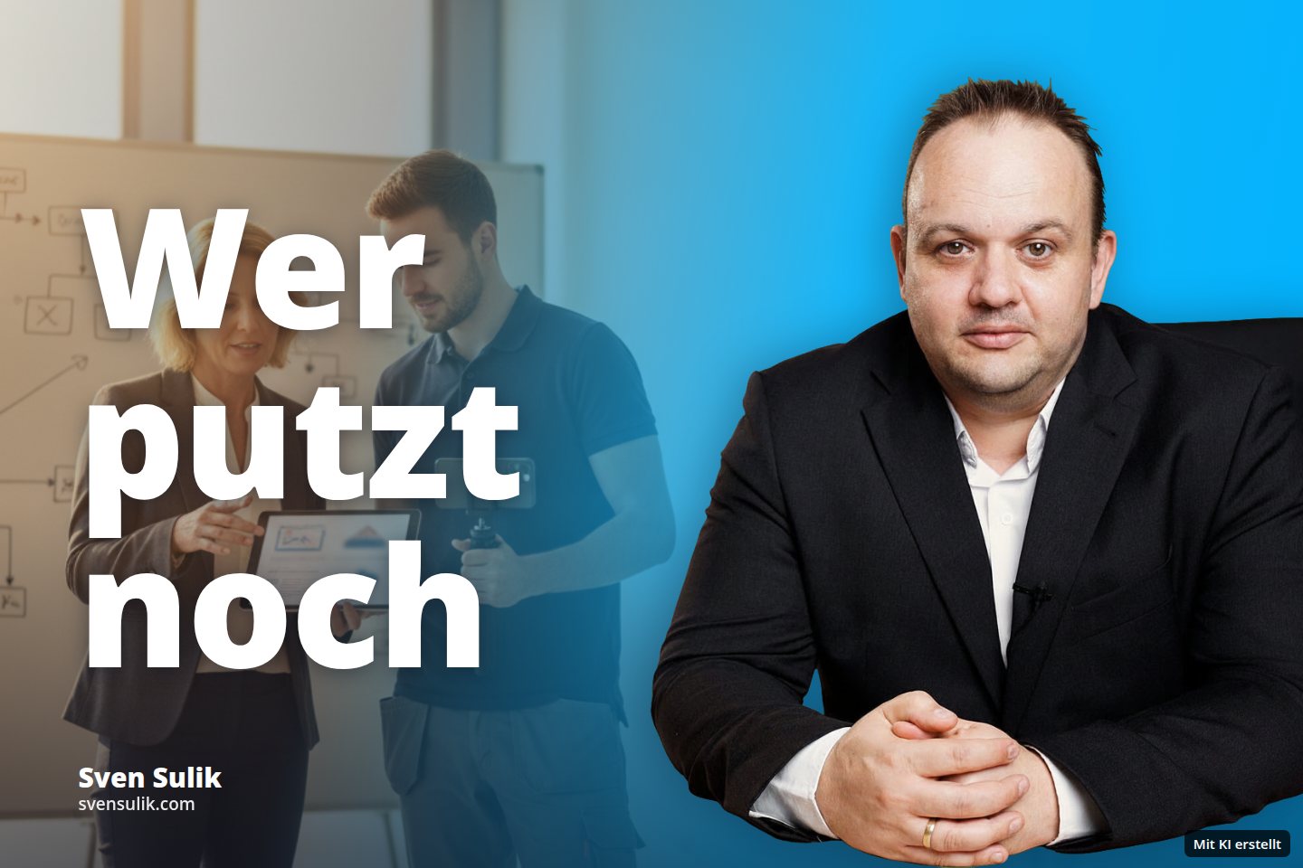Eine Frau zeigt einem Mann auf einem Tablet Daten in einem hellen Büro, während er ein Smartphone auf einem Stativ hält.