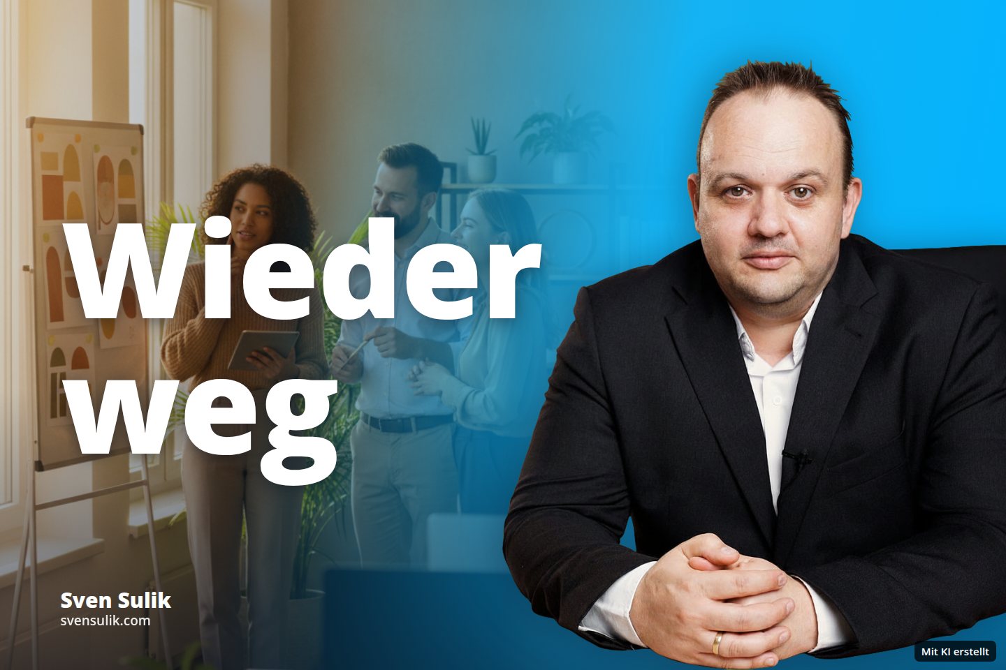 Drei Personen besprechen Entwürfe an einer Tafel in einem hellen Büro mit Pflanzen.