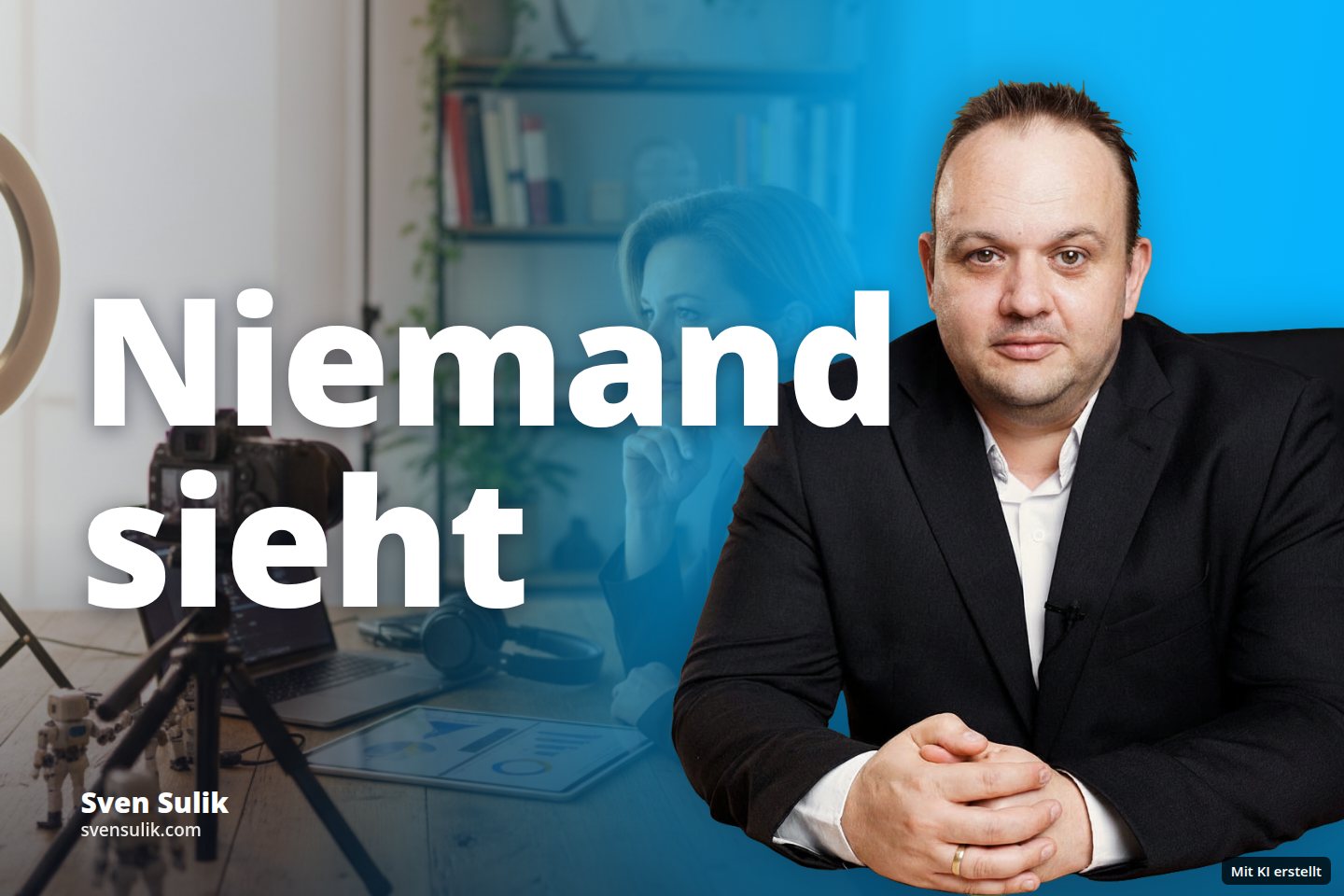 Eine Frau sitzt nachdenklich an einem Schreibtisch mit Kamera und Laptop in einem Büro.