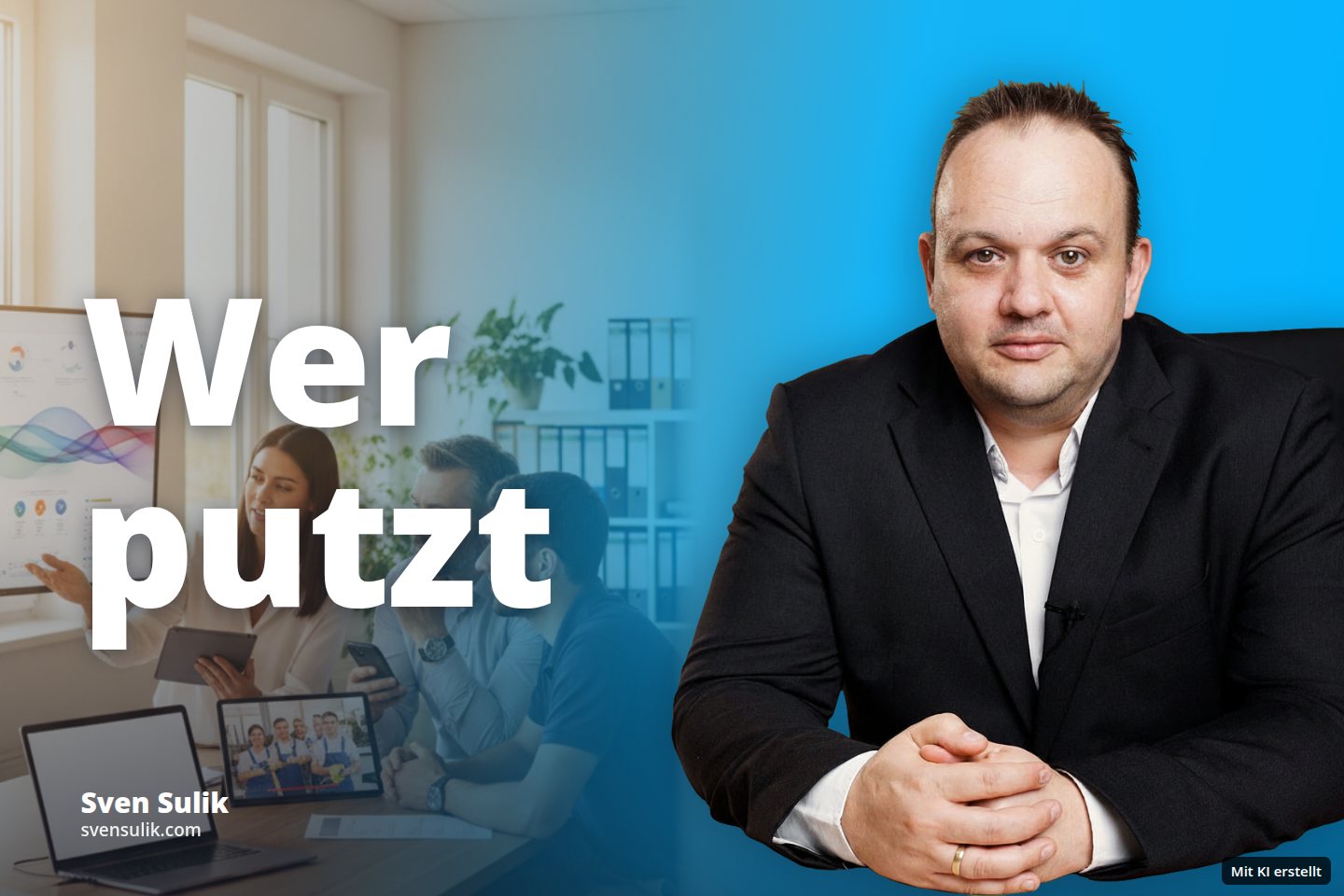 Drei Personen besprechen im Büro Daten auf Bildschirmen, eine Frau präsentiert.