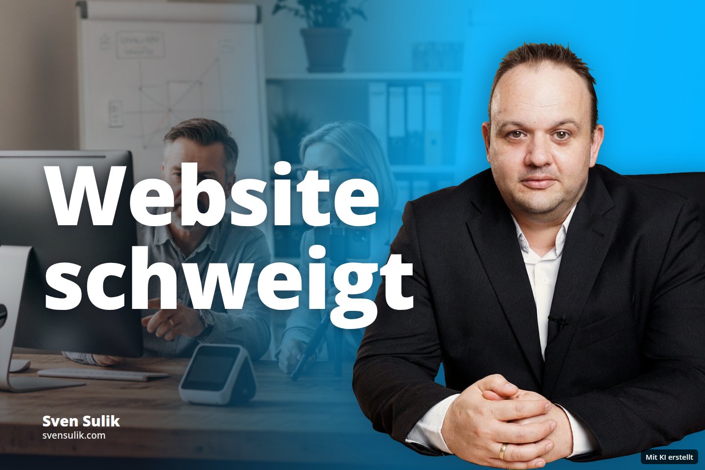 Zwei Personen arbeiten an einem Computer in einem Büro, während eine Frau ein Smartphone auf einem Stativ hält.