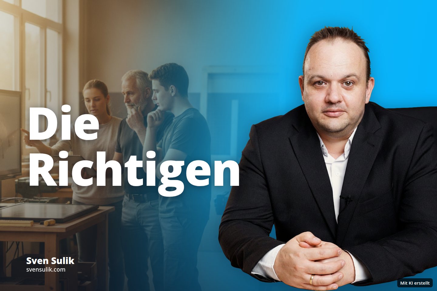 Drei Personen in einer Werkstatt besprechen einen Entwurf auf einem Bildschirm und Tablet.