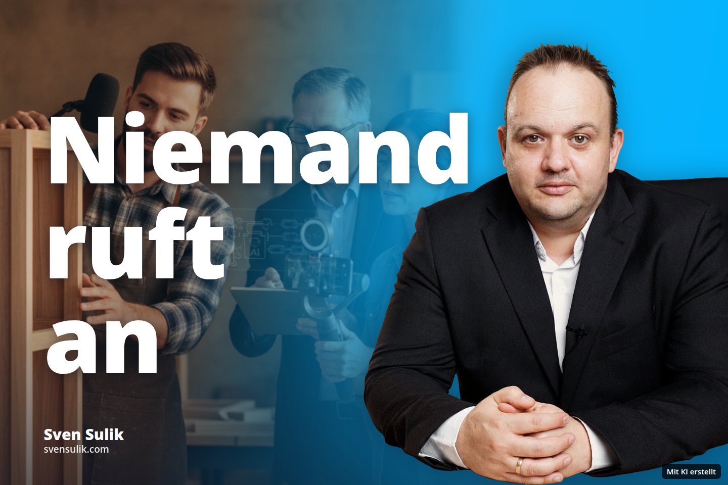 Drei Personen filmen ein Holzprojekt mit digitalen Informationen in einer Werkstatt.