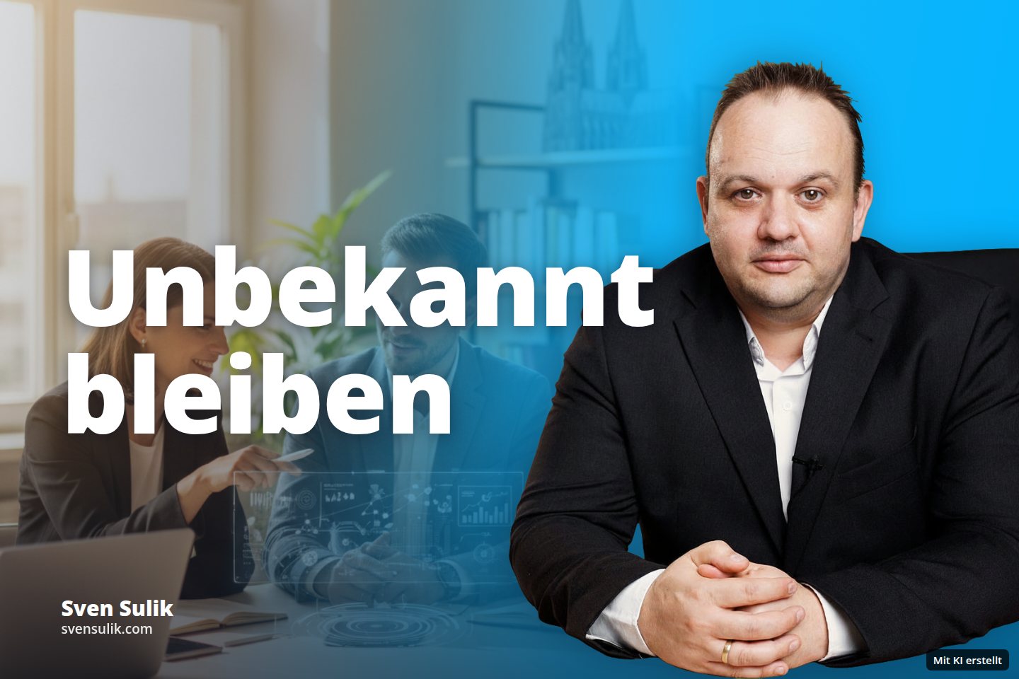 Drei Personen besprechen Daten an einem Tisch in einem hellen Büro mit Hologramm-Anzeige.