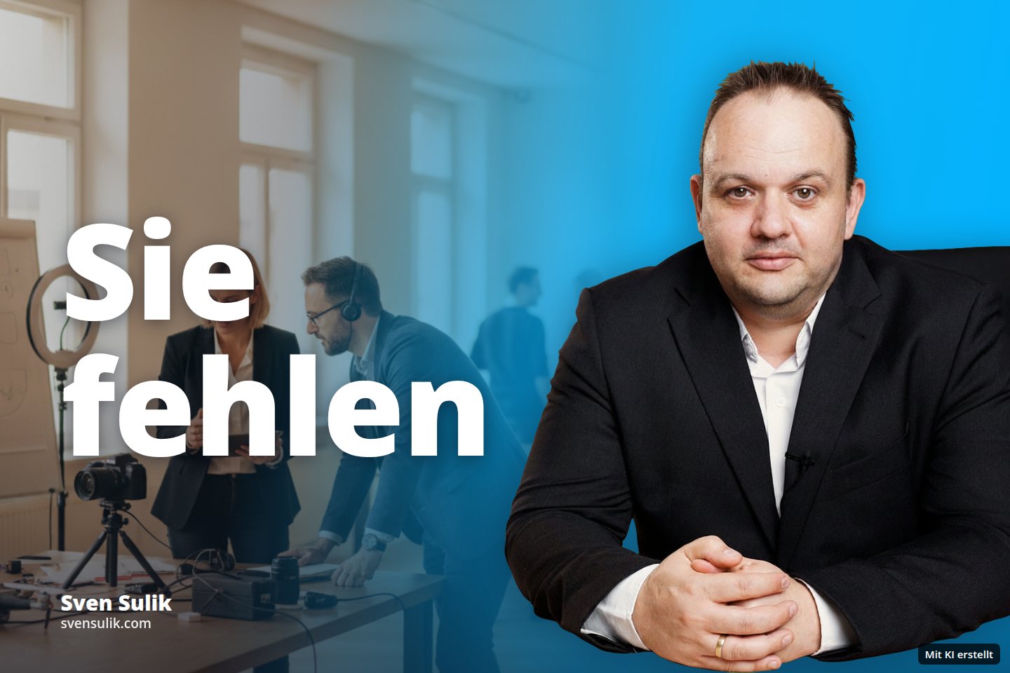 Zwei Personen bereiten in einem hellen Raum eine Sendung vor, andere sind im Hintergrund.