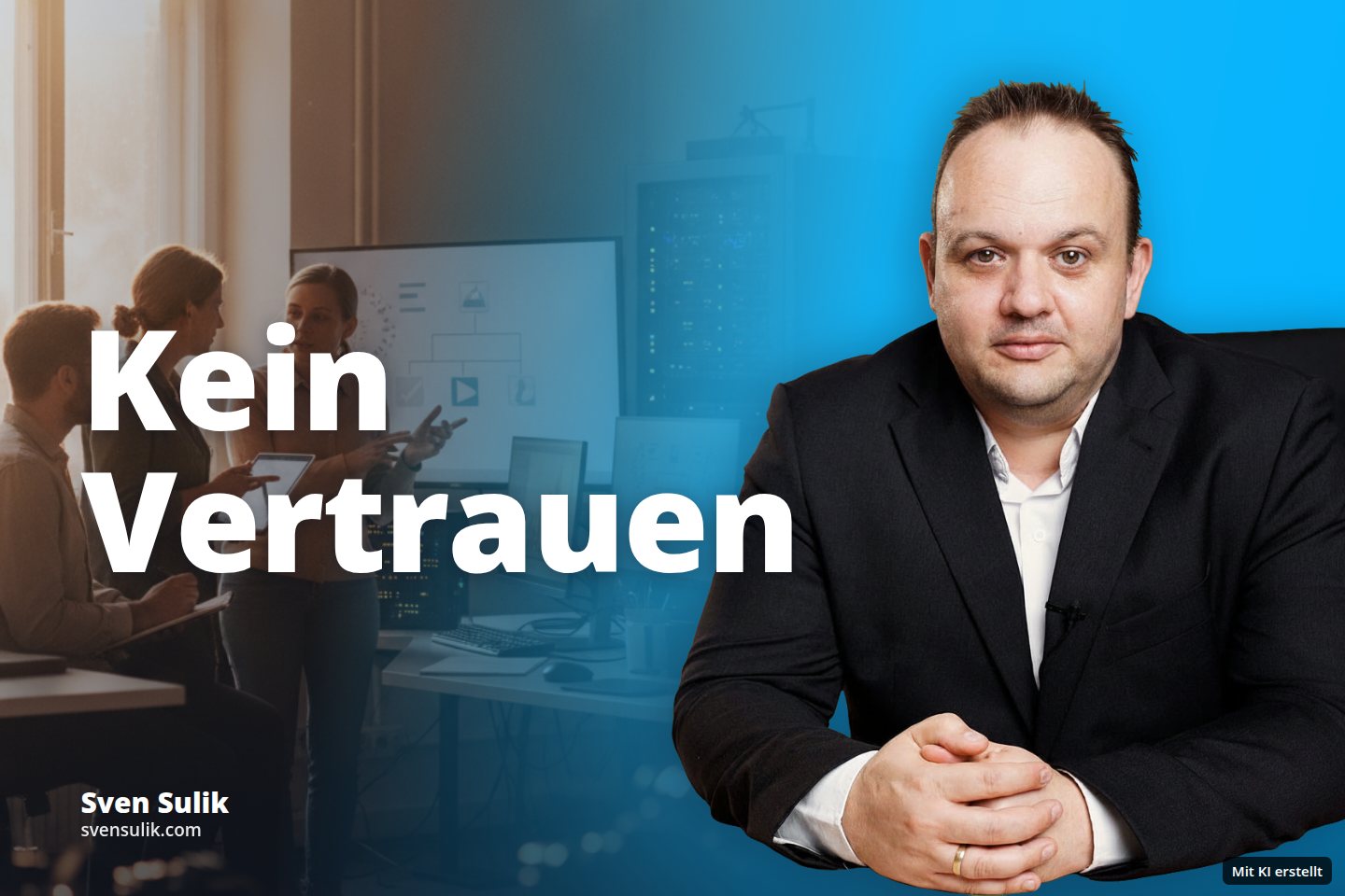 Drei Personen besprechen in einem IT-Büro mit Bildschirmen und Servern technische Diagramme.
