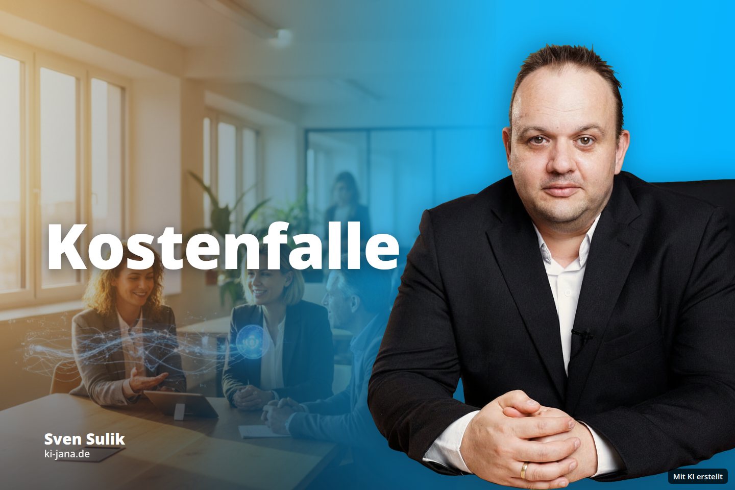 Mehrere Personen besprechen sich an einem Tisch in einem hellen Büro, während andere im Hintergrund arbeiten.