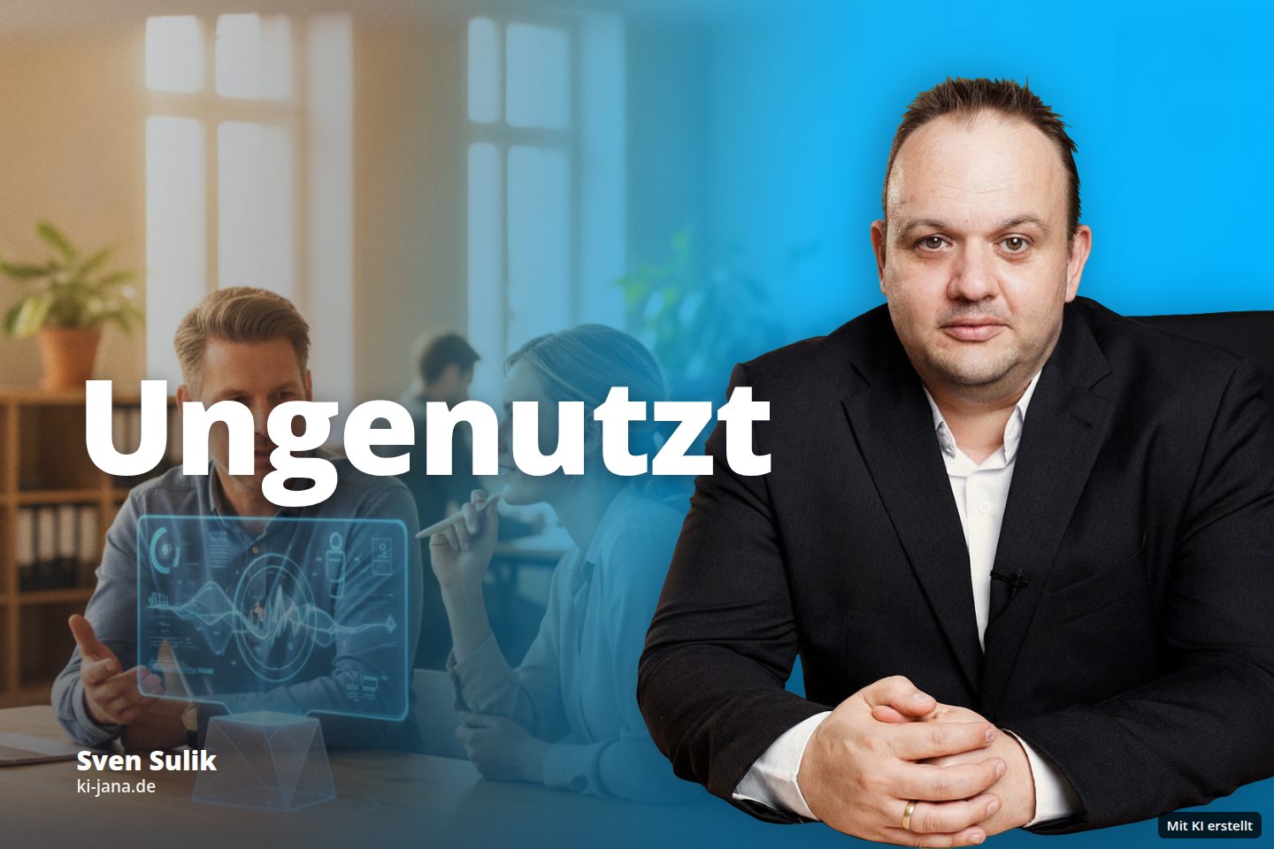 Zwei Personen besprechen in einem Büro eine holografische Anzeige; weitere arbeiten im Hintergrund.